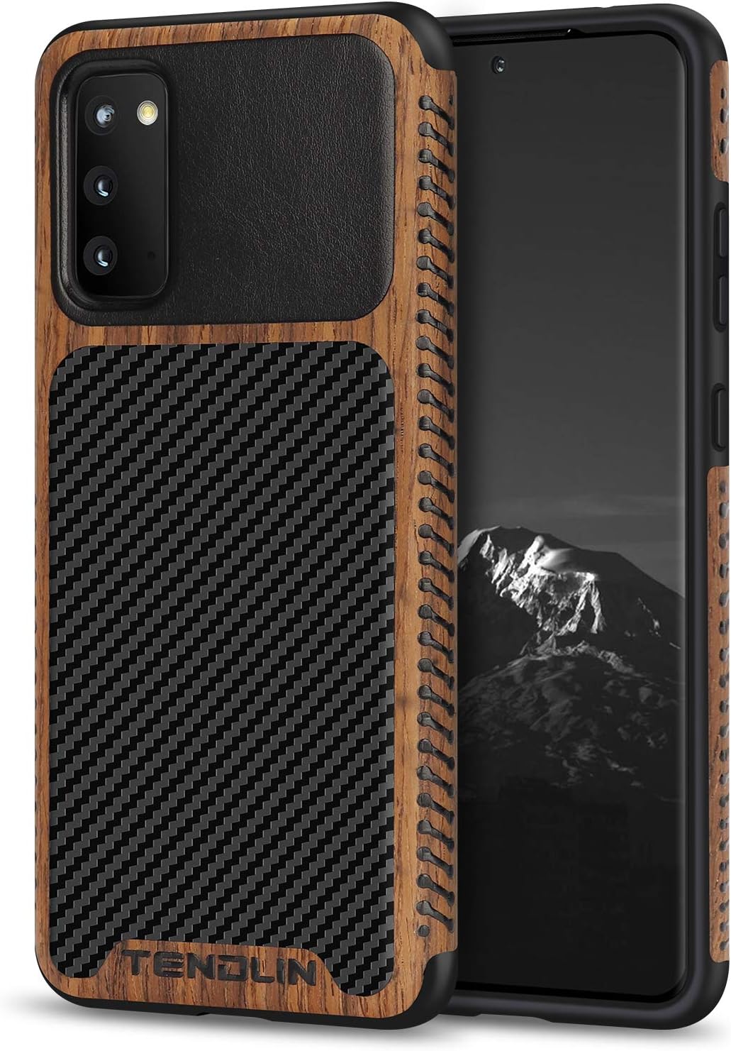 TENDLIN Compatible with Samsung Galaxy S20 Case Wood Grain with Carbon Fiber Texture Design Leather Hybrid Case