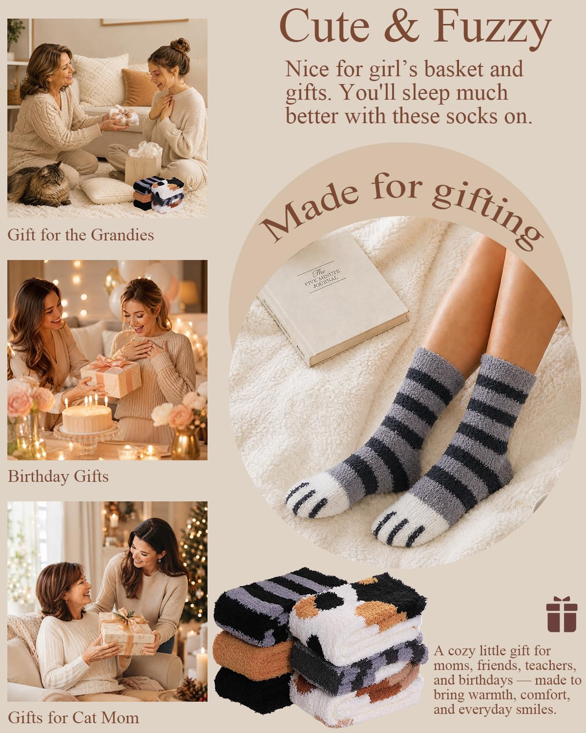 Ginmewrae Women Fuzzy Socks Cozy Soft Fluffy Cute Animal Slipper Socks Sleeping Warm Socks Christmas Gift for Girls
