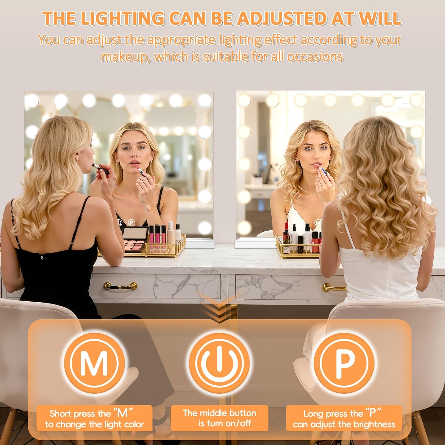 Vanity Mirror with Lights for Desk 15 LED Lighted Makeup Mirror with USB Type C Vanity Mirror with Touch Control 10X Magnifying Mirror Large Makeup Desk 23 x 19