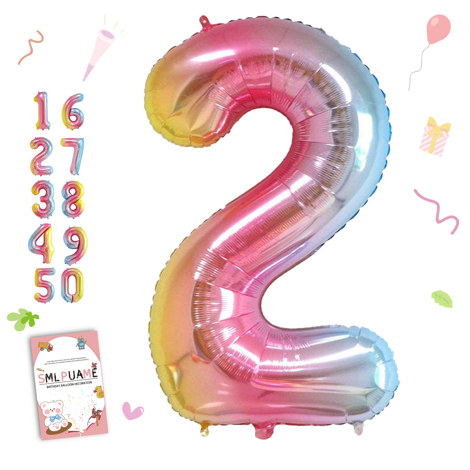 Smlpuame 40 Inch Number Balloons 0-9 Rainbow Gradient Large Number 2 Balloons, Digital Balloons for Birthday Party Celebration Decorations, Helium