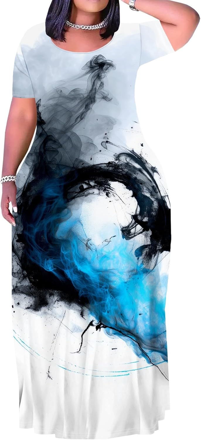 Plus Size Dress for Women Casual Crew Neck Short Sleeve Maxi Dress Oversized Summer Beach Dresses with Pockets
