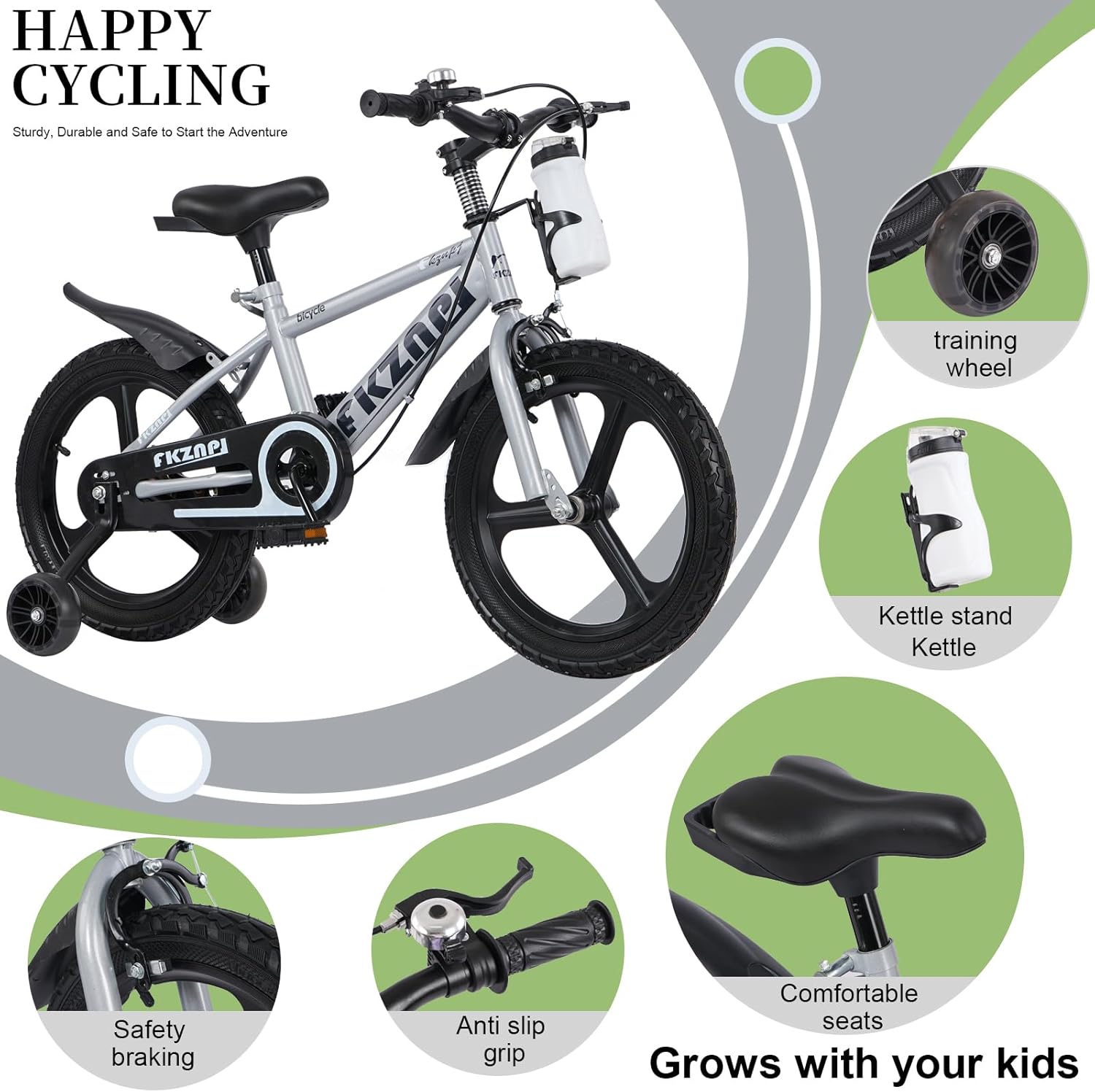 18 Inch Kids' Bike with Training Wheels, 1-Speed Boys Bicycles for 3-9 Years, Girls Bikes with Adjustable Seat,Night Glow Training Wheels,High Carbon Steel Frame