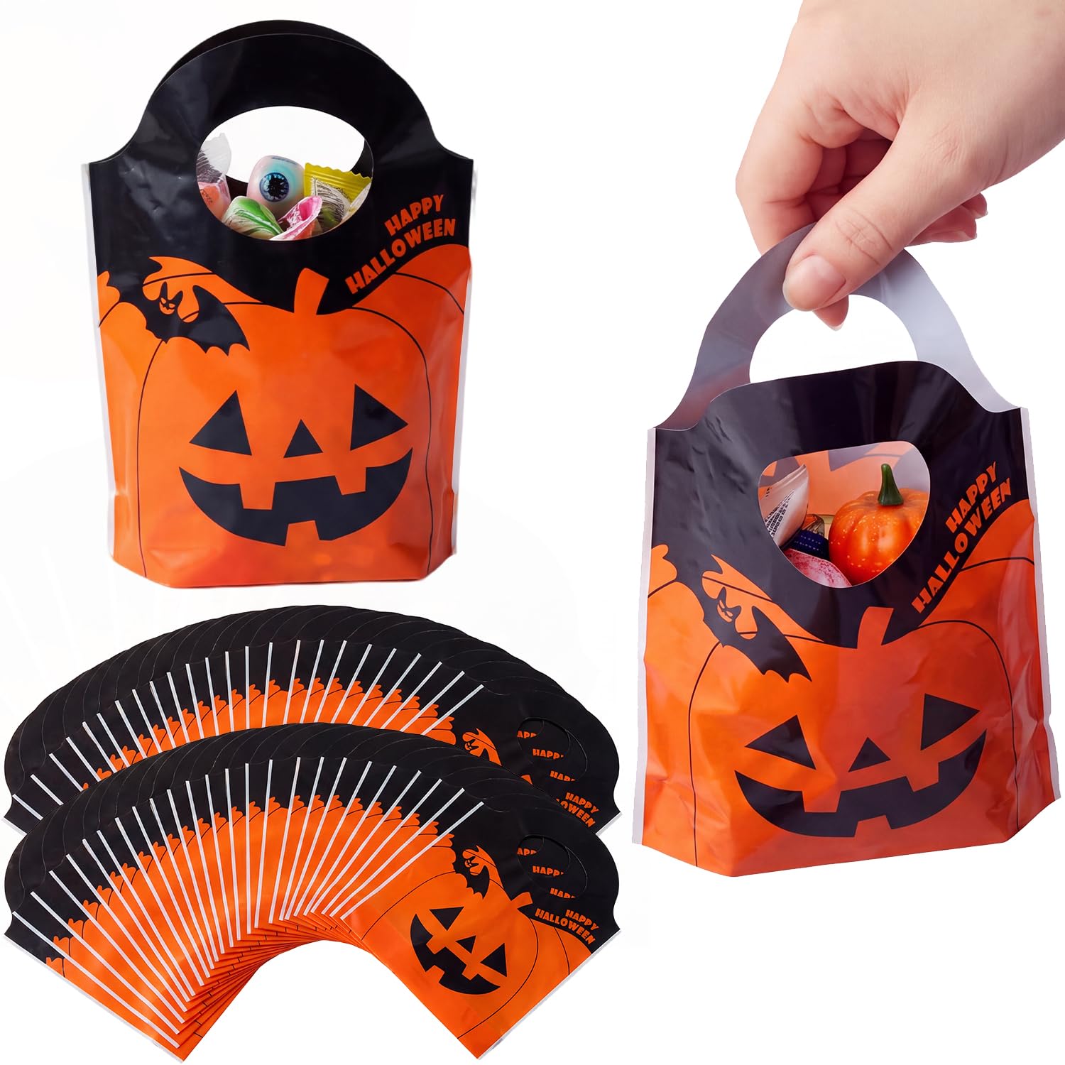 50PCS Plastic Halloween Party Bags - Pumpkin Candy Bags for Treats Snacks