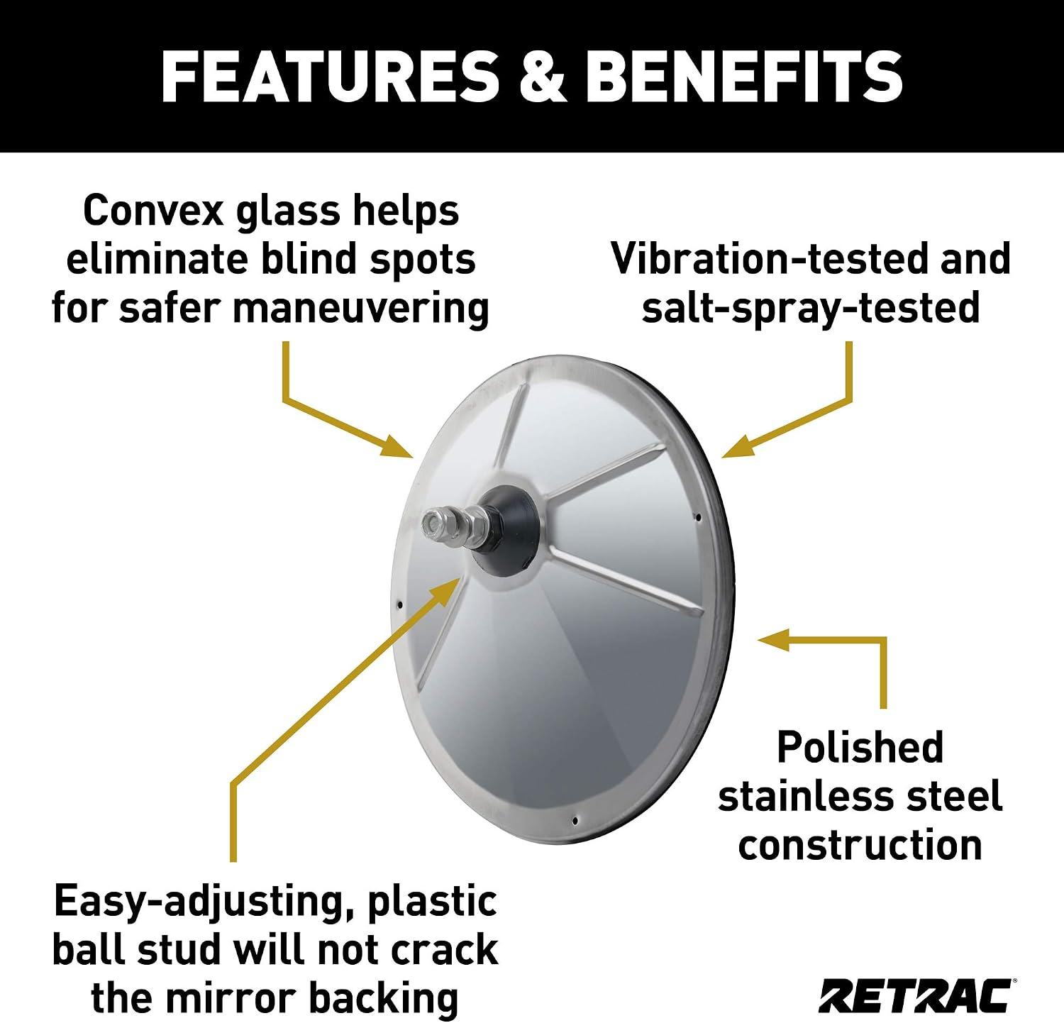 RETRAC 604798 8-Inch Stainless Steel Offset-Mount Convex Mirror Head with Plastic Ball Stud, Universal Driver or Passenger Side