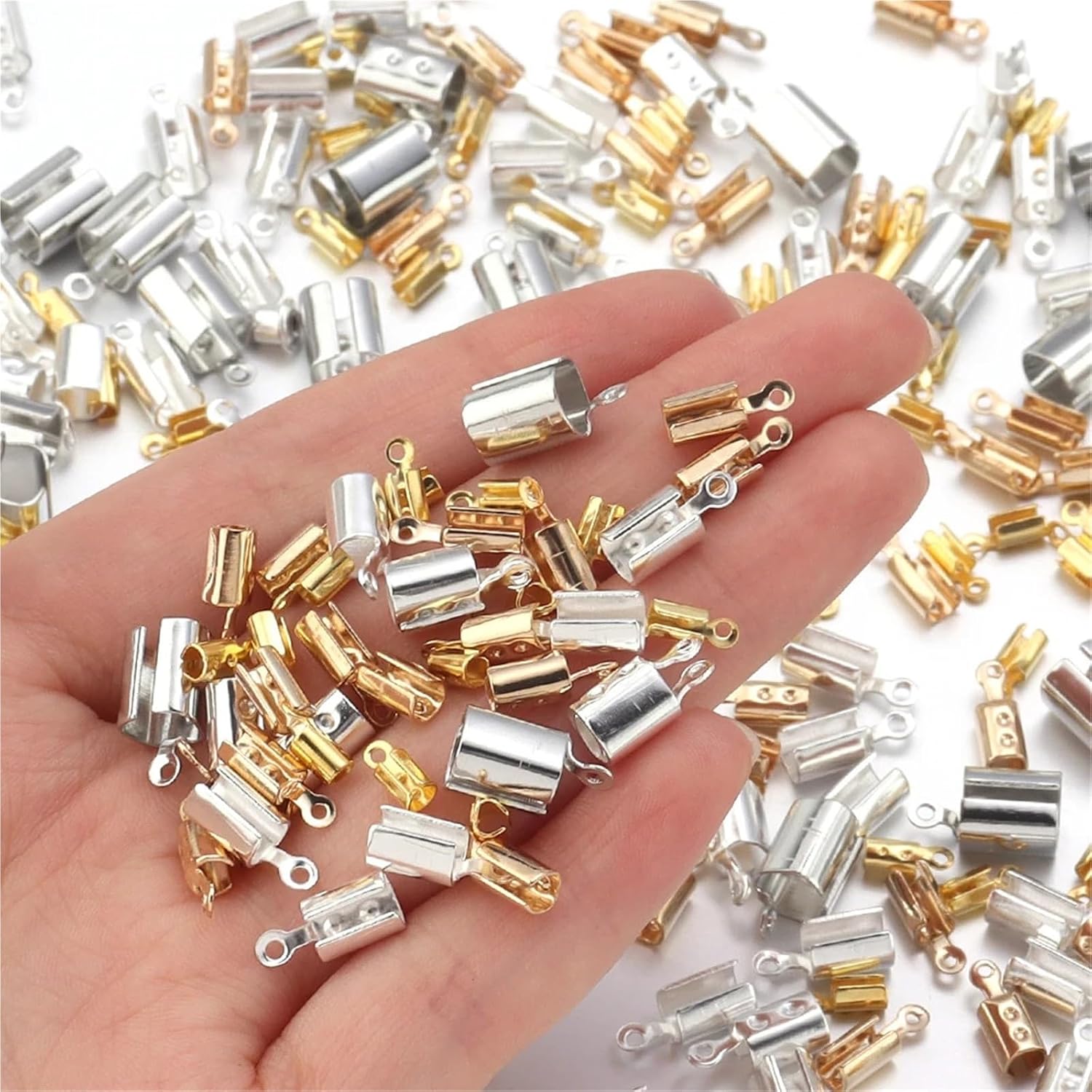 Fold Over Cord Ends 1000pcs Rope Chain Cords Crimp Bead End Caps for DIY Components Squeeze Fastener for Jewelry Making(Rhodium,Inner 5mm)