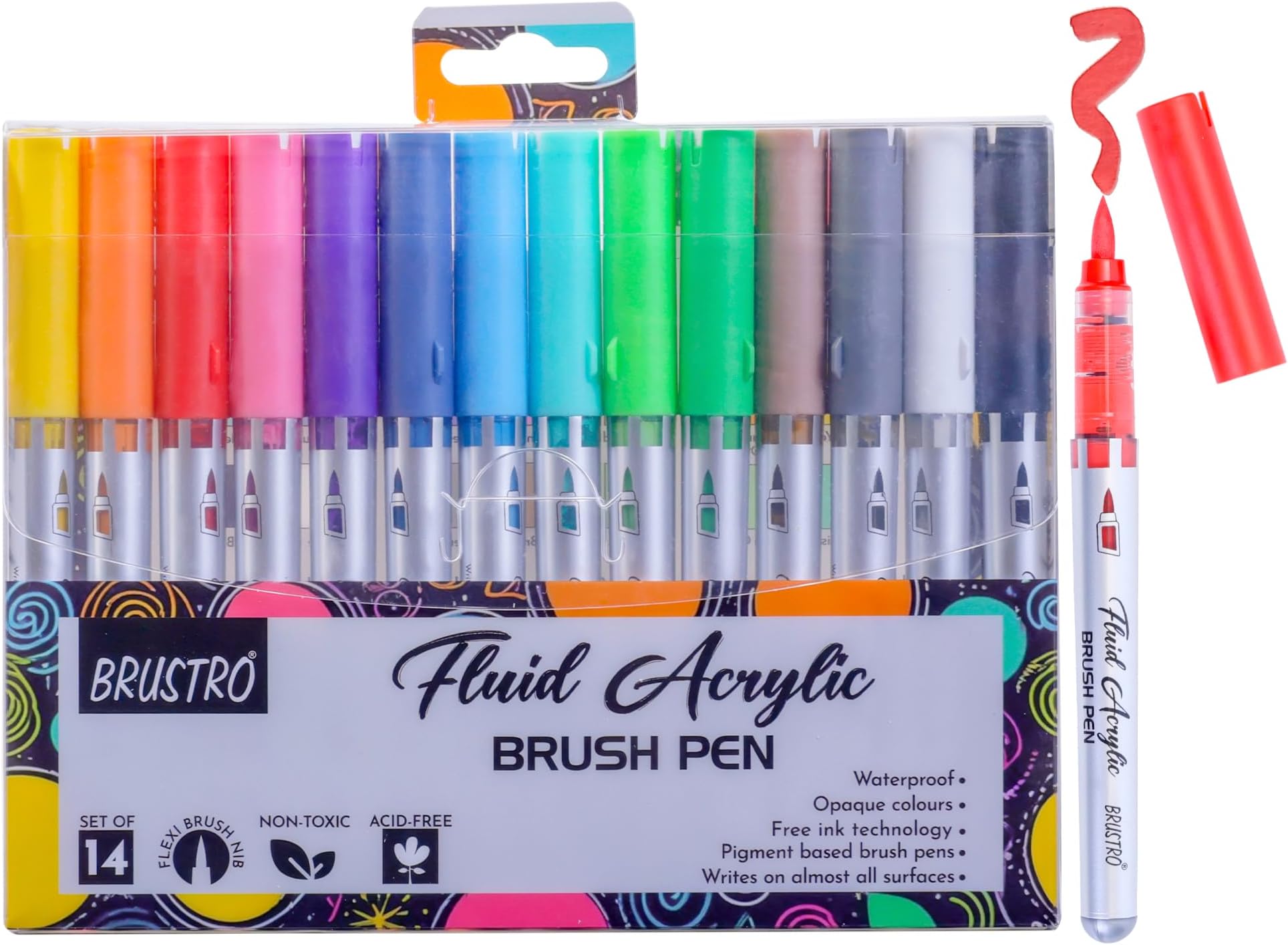 BRUSTRO Fluid Acrylic Brush Pen | Set of 14 Basic Shades | Waterproof, Fast Drying, Opaque Colors, Highly Pigmented | Ideal for Colouring, Drawing, Doodling, Marker, Professional Art & Craft