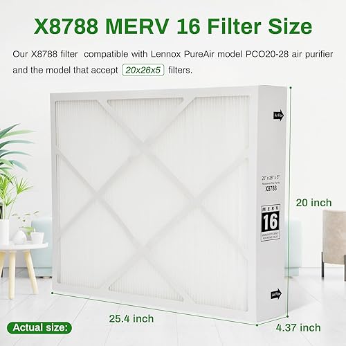 Miniatura 2 de Filtro X8788 MERV 16 de 20 x 26 x 5 pulgadas, filtro de clima saludable compatible con lennox X8788 MERV 16, filtro de aire de alta eficiencia para