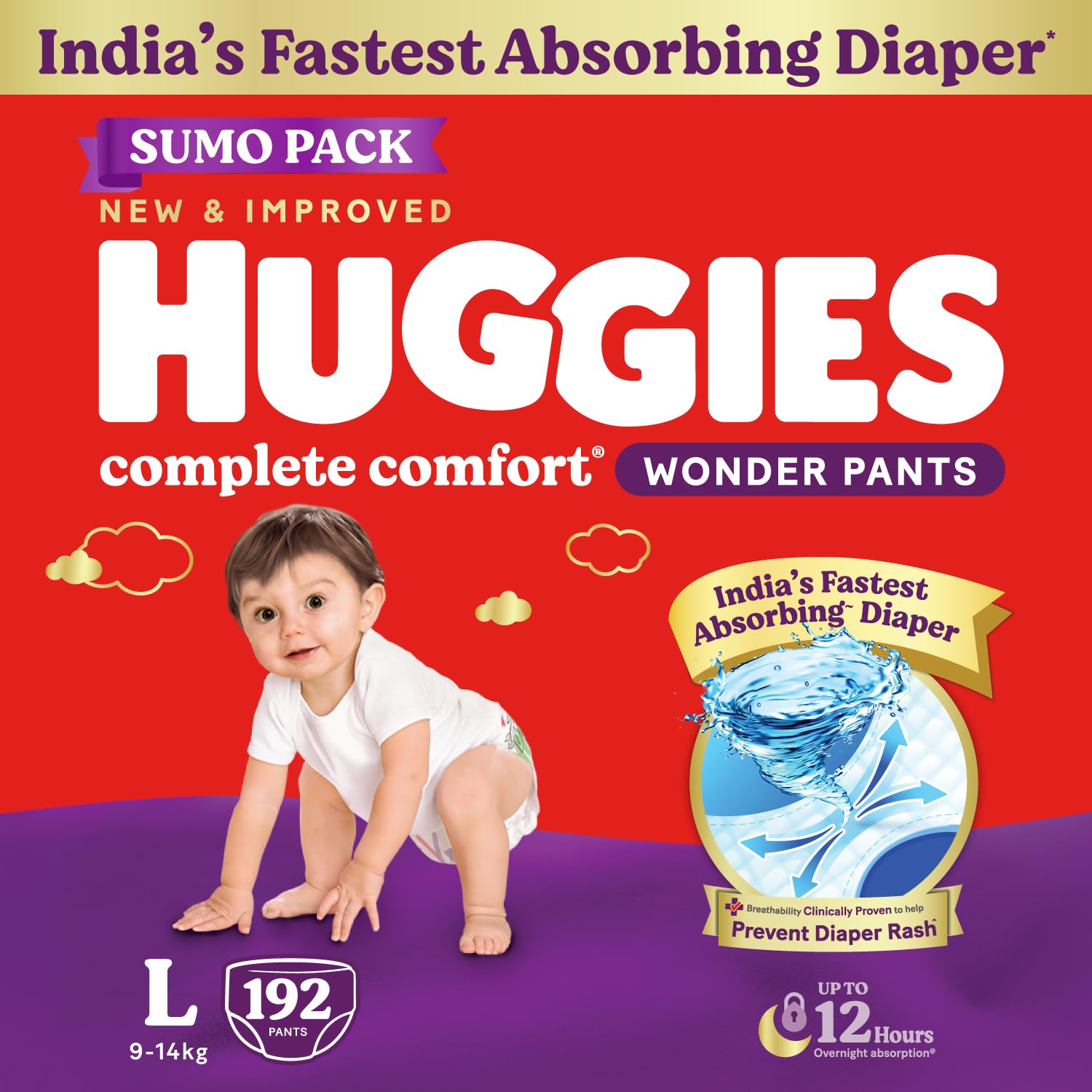 Huggies Complete Comfort Wonder Pants | Pant Style Baby Diapers L Size, 192 Count | India’s Fastest Absorbing Diaper, Patented Dry Xpert Channel, Ideal for 9 to 14 Kgs