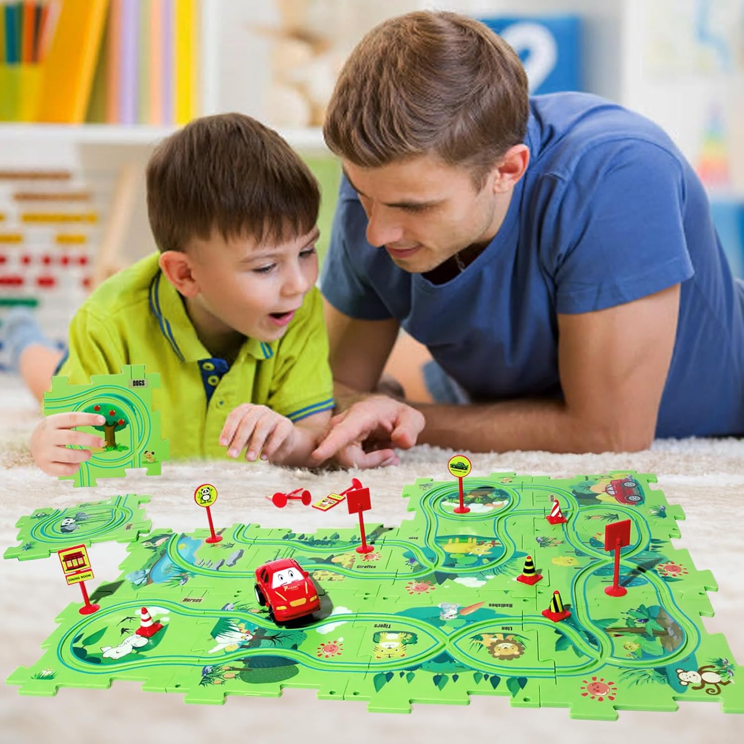 Puzzle Track Car Play Set, Plastic Puzzles for Kids with Vehicles, Railcar Puzzle, Car Tracks for Toddlers, Toys Gifts for 3 4 5 6 Year Old Boys, Toddler Boy Toys 3-4