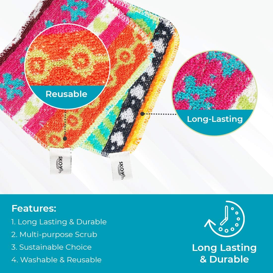Skoy Scrub, Non-Scratching, Reusable Scrub for Kitchen and Household Use, Environmentally Friendly, Dishwasher Safe, 8-Pack - Assorted Colors and Designs