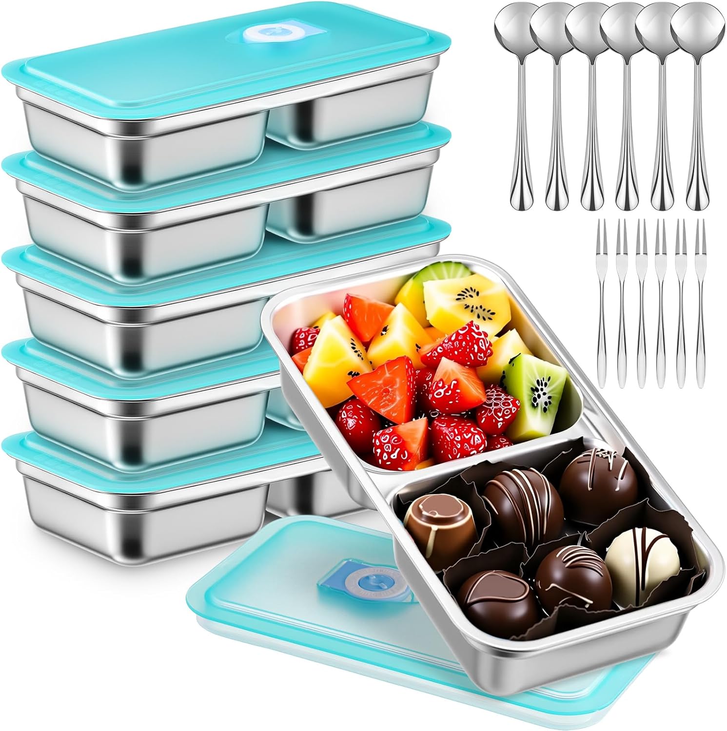 Qinyoung 15 Set Stainless Steel Snack Containers with Lid Spoon and Fork Grab and Go Double Compartment Food Lunch Containers Reusable Bento Salad Dip Boxes for Travel Office Picnic Camping
