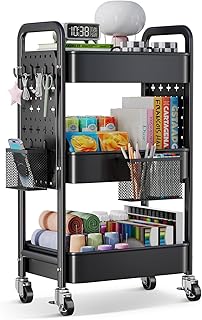 3 Tier Rolling Cart Metal with DIY Pegboard, Black Three Tiered Art Supply Organizer Cart on Wheels, Storage Utility Hobby Carts for Craft, Snack, Diaper Caddy, Nail, Baby Essentials, Nail, Snack