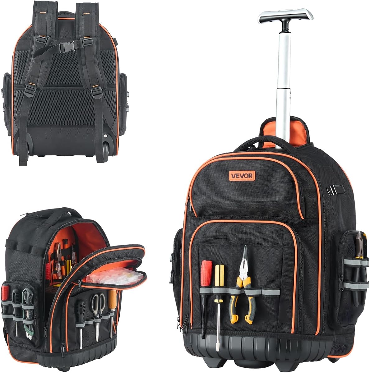 VEVOR Mochila para herramientas con ruedas, capacidad de carga de 110 libras, 45 bolsillos, bolsa de herramientas con ruedas, mango telescópico ajustable y base estable, organizadores de bolsas de herramientas para construcción, mecánico