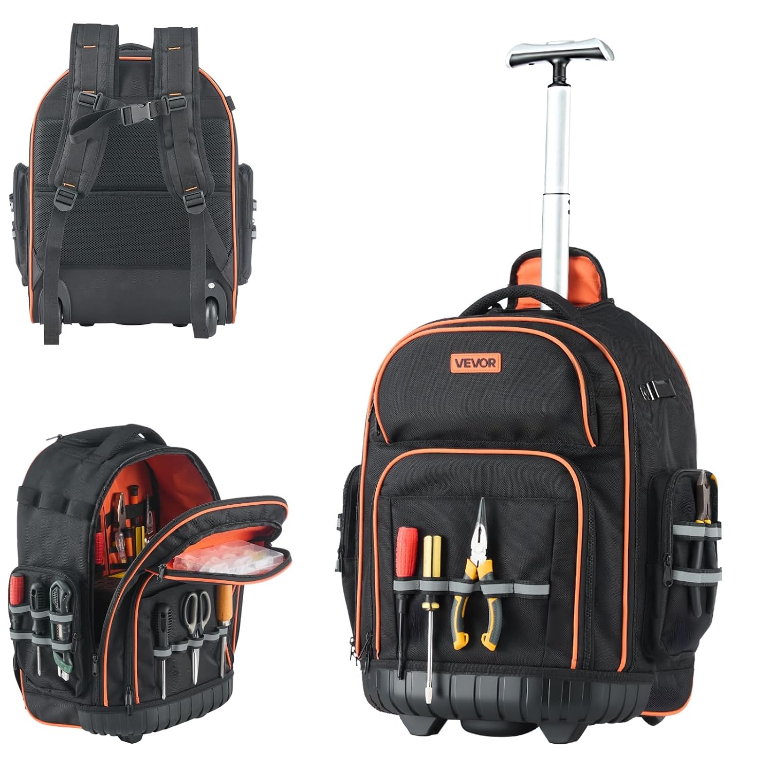 VEVOR Tool Backpack with Wheels 50 kg Load Capacity 45 Pockets Tool Bag Adjustable Telescopic Handle and Sturdy Base Work Backpack Organiser for Construction and Mechanics 440 x 250 x 480 mm
