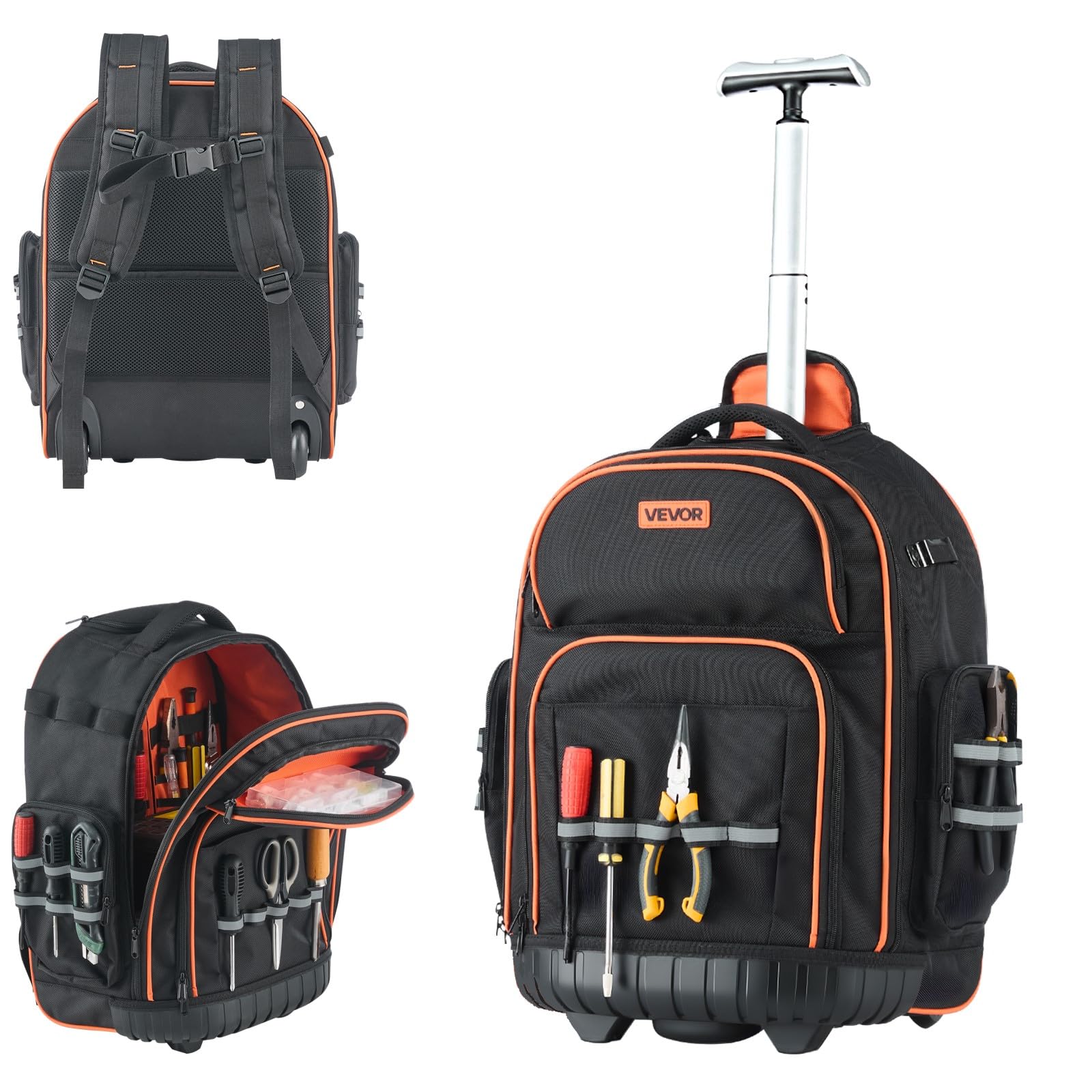 VEVOR Zaino Portautensili con Ruote, Capacità 50 kg, Borsa Portautensili con Ruote da 45 Tasche, Maniglia Telescopica Regolabile e Base Stabile, Organizzatore per Borse per Edilizia, Meccanico