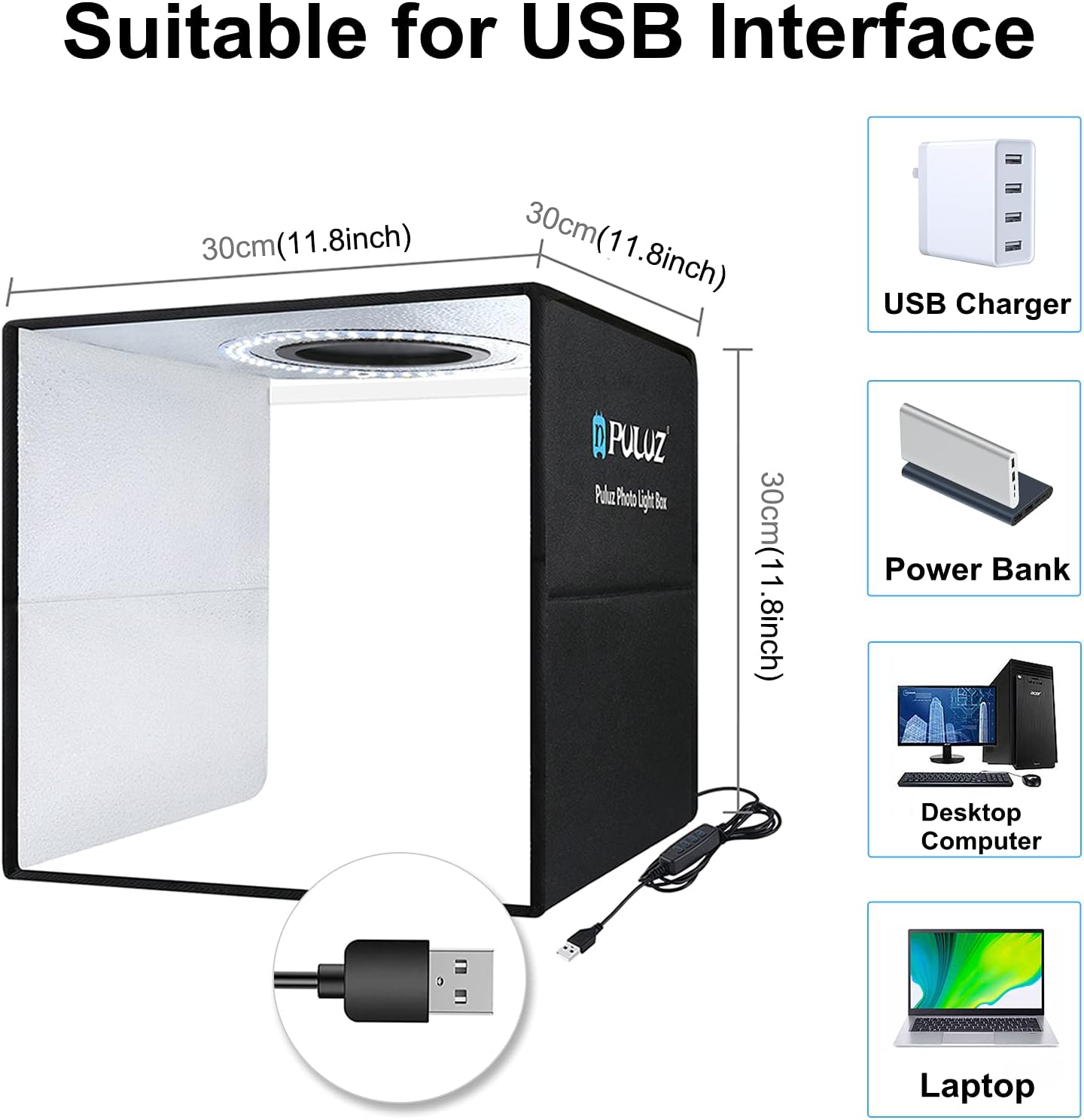 Diagram showing the dimensions of the PULUZ Studio Light Box (30cm x 30cm x 30cm) and various USB power sources.