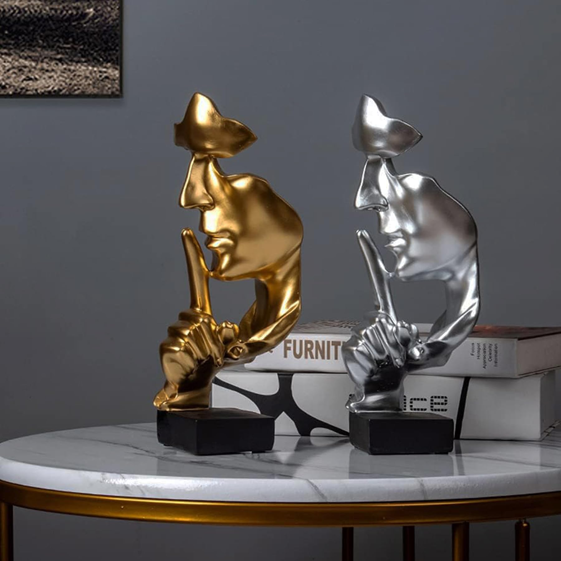 Il silenzio è oro, statua per scaffale da ufficio, decorazione da tavolo, statua d'arte astratta, ornamento per la casa, scultura creativa in resina (dorato)