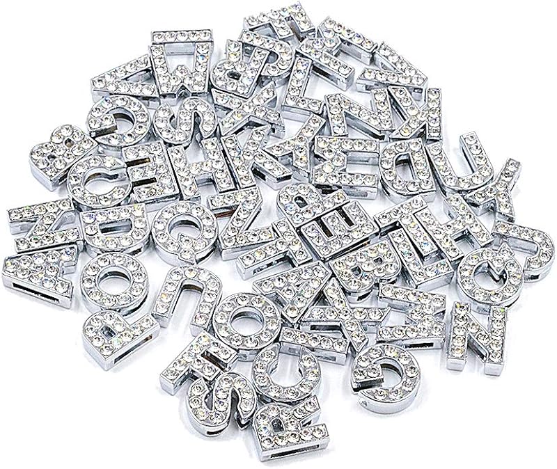 AUEAR Paquete de 52 dijes deslizantes de plata de la A a la Z de 8 mm con diamantes de imitación de cristal, letras del alfabeto, aleación para pulseras, collares, pulseras, fabricación de joyas DIY