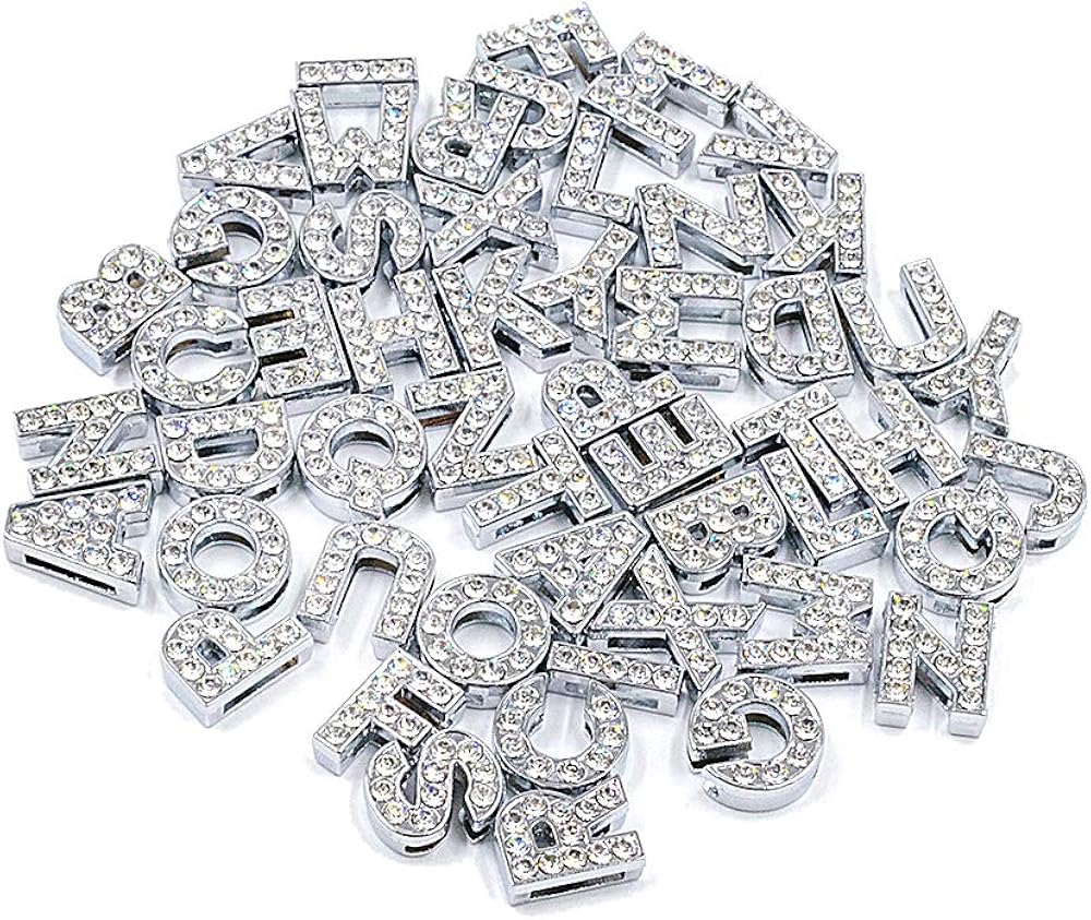 AUEAR, 52 Pack Silver A-Z 8mm Full Rhinestone Slide Charms Crystal Alphabet Letter Charm Alloy Letter Charm for Bracelets Necklace Wristbands DIY Jewelry Making