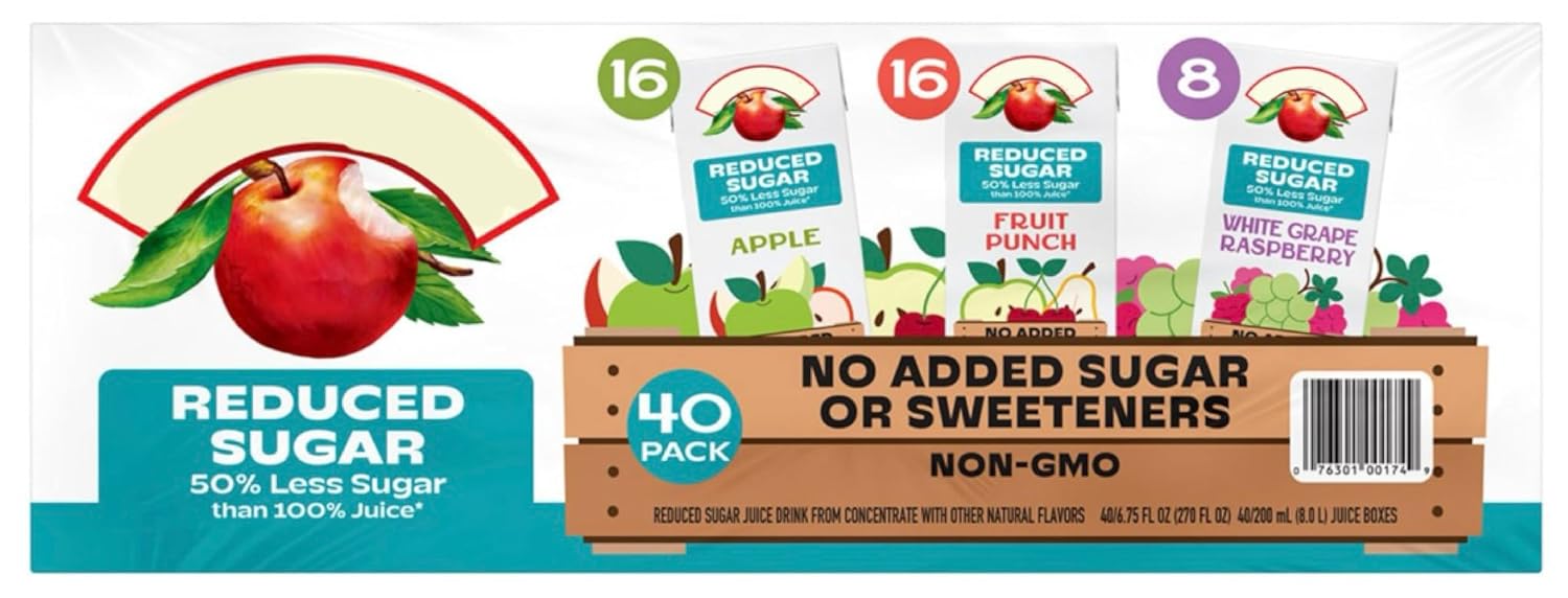 apple and eves Reduced Sugar Juice Variety Pack, 6.75 fl. oz. Pouches, Pack of 40