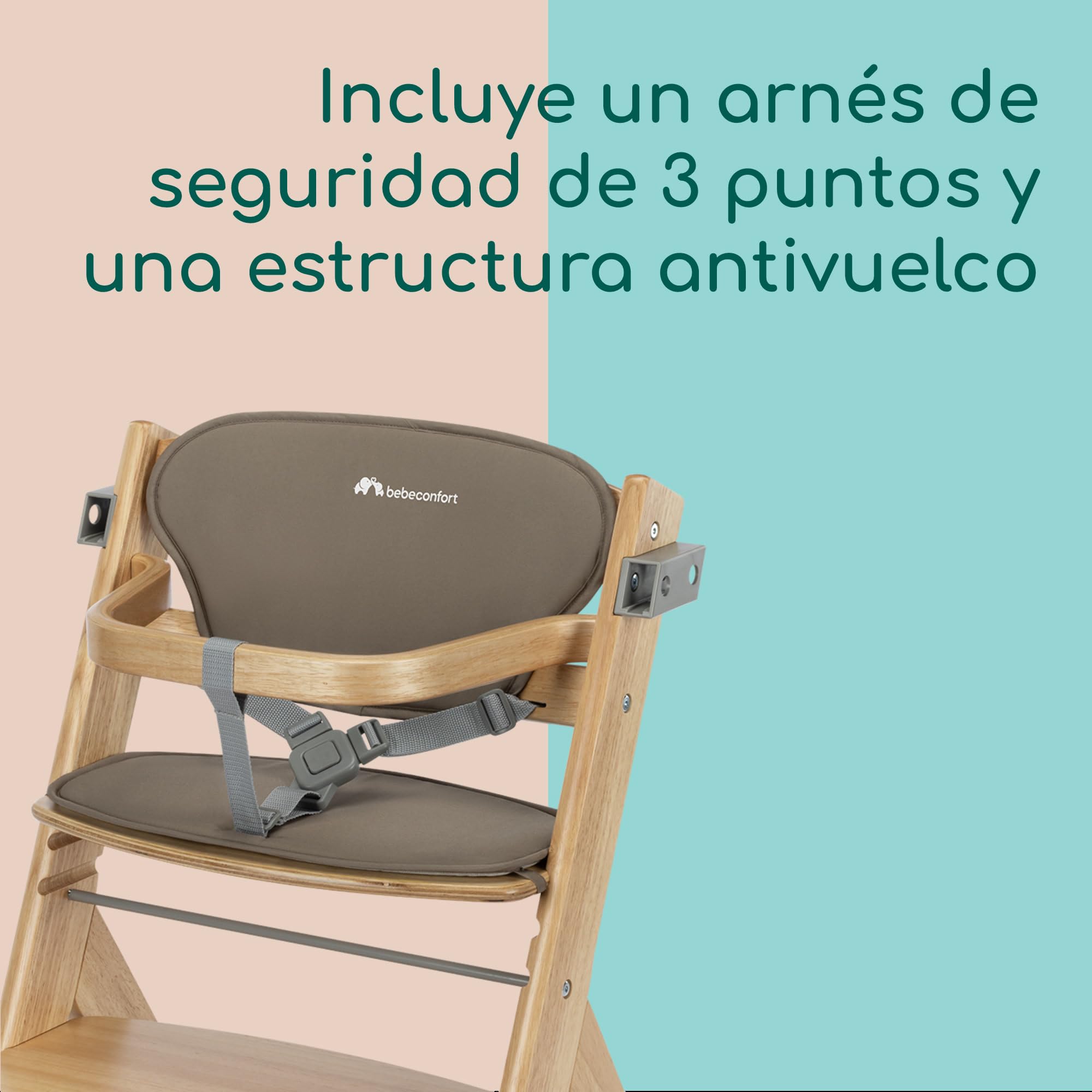 Bebeconfort Timba 2 con Cojín, Trona Bebé Evolutiva, Desde 6 meses hasta 110 kg, Silla Trona Bebé Comedor Ergonómica, Apta Todo Tipo Mesas, Bandeja Extraíble, Con Arnés, Natural Wood (Madera)+Beige