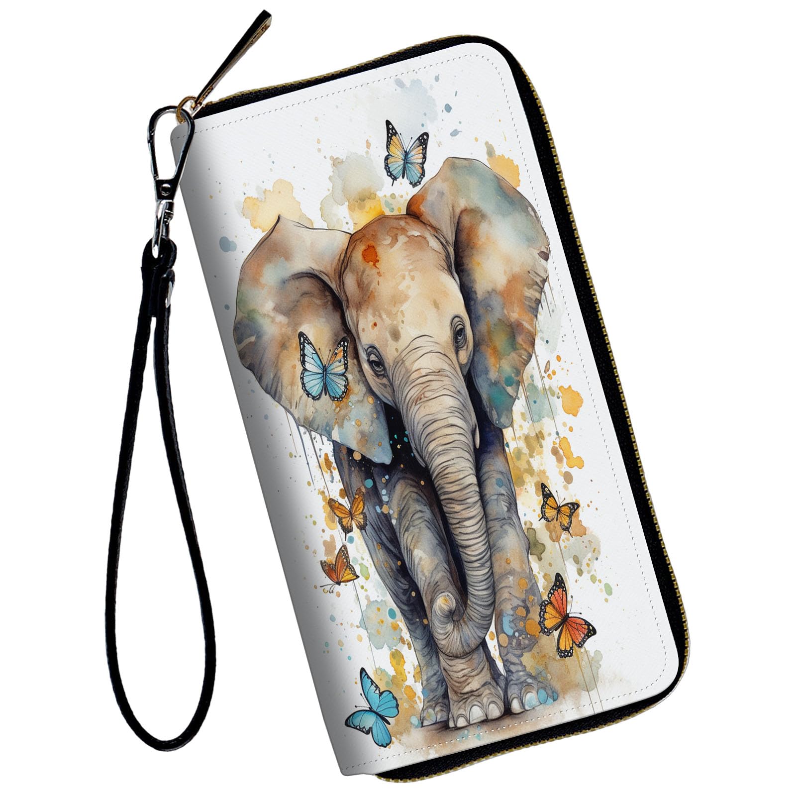 Wallet, Large Capacity Clutch Purse for Unisex-Adults, PU Leather, Card Holder, Butterflies and Elephants, Zipper, 7.48x3.94x0.79 inches