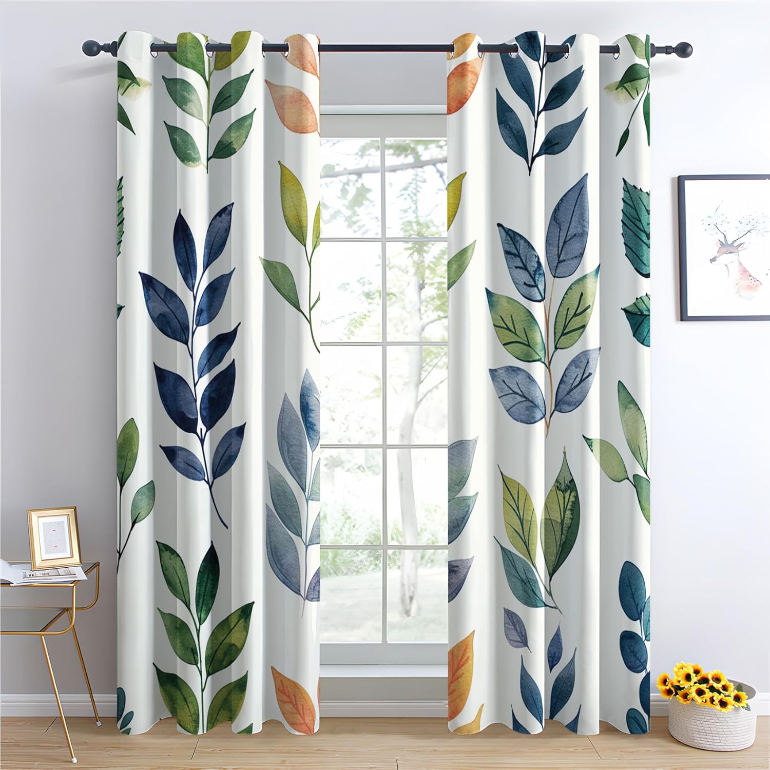 Leaf Blackout Curtains, Orange Green Blue Leaves Window Curtains & Bedroom Decor Botanical Plant Curtains for Living Room, Thermal Grommet Drapes 63 Inch Length 2 Panels Set