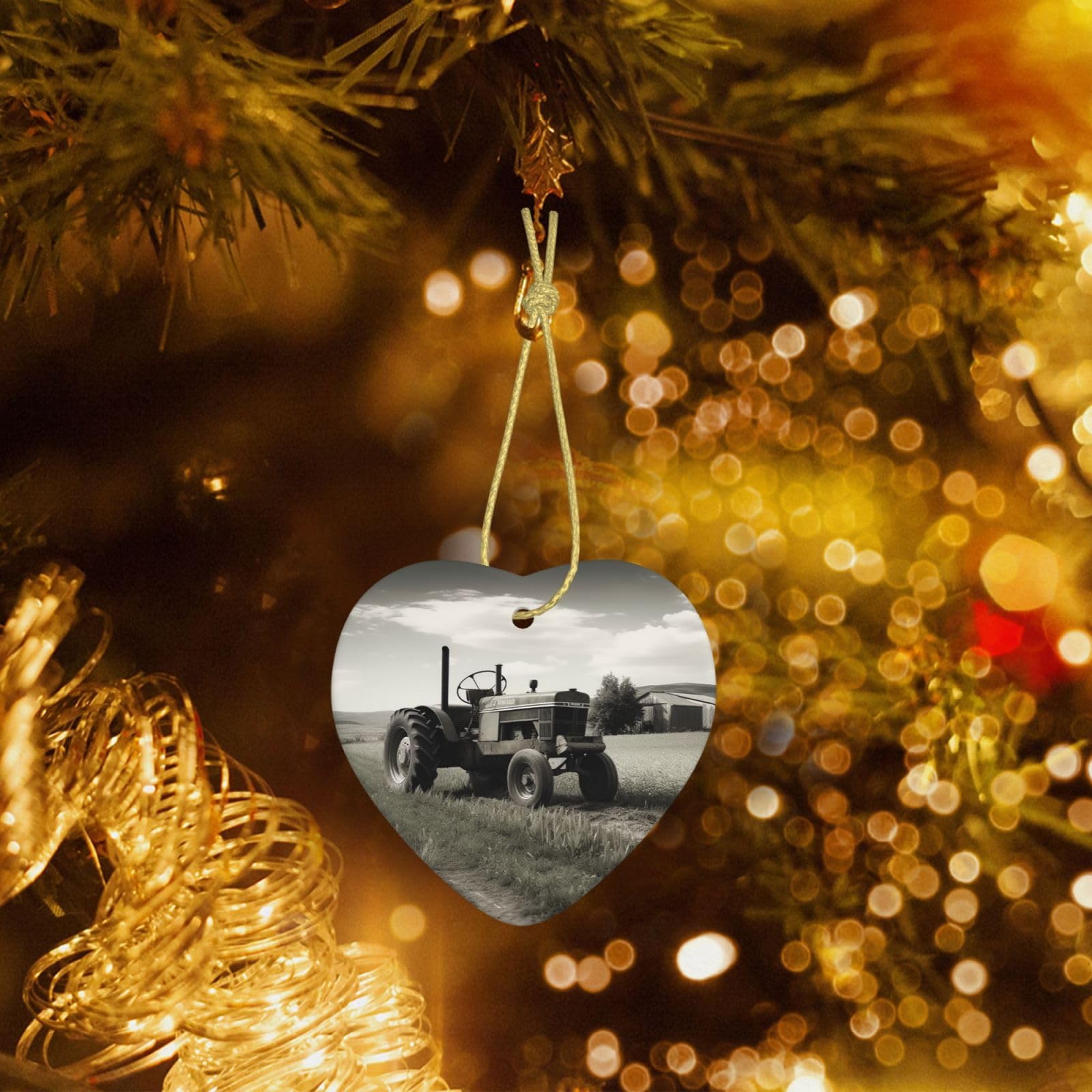 Christmas Heart Shaped Ornaments 1 Pcs, Double-Side Ceramic Xmas Tree Hanging Ornament with Gold String Tractor Agriculture Tranquil Personalized Porcelain 2025 Christmas Pendent