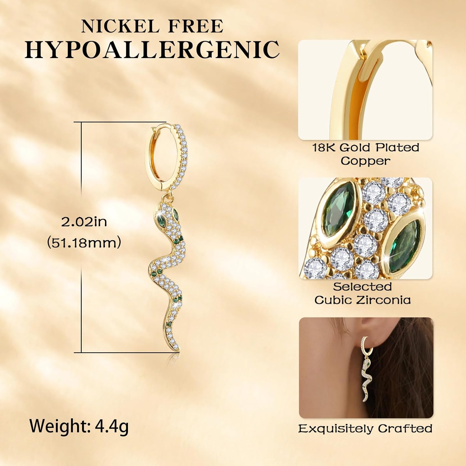 Snake Earrings for Women, 18K Gold Plated Boho Snake Hoop Earrings, Cubic Zirconia Dangle Earrings, Hypoallergenic Hoop Earring Gifts for Her - Image 3