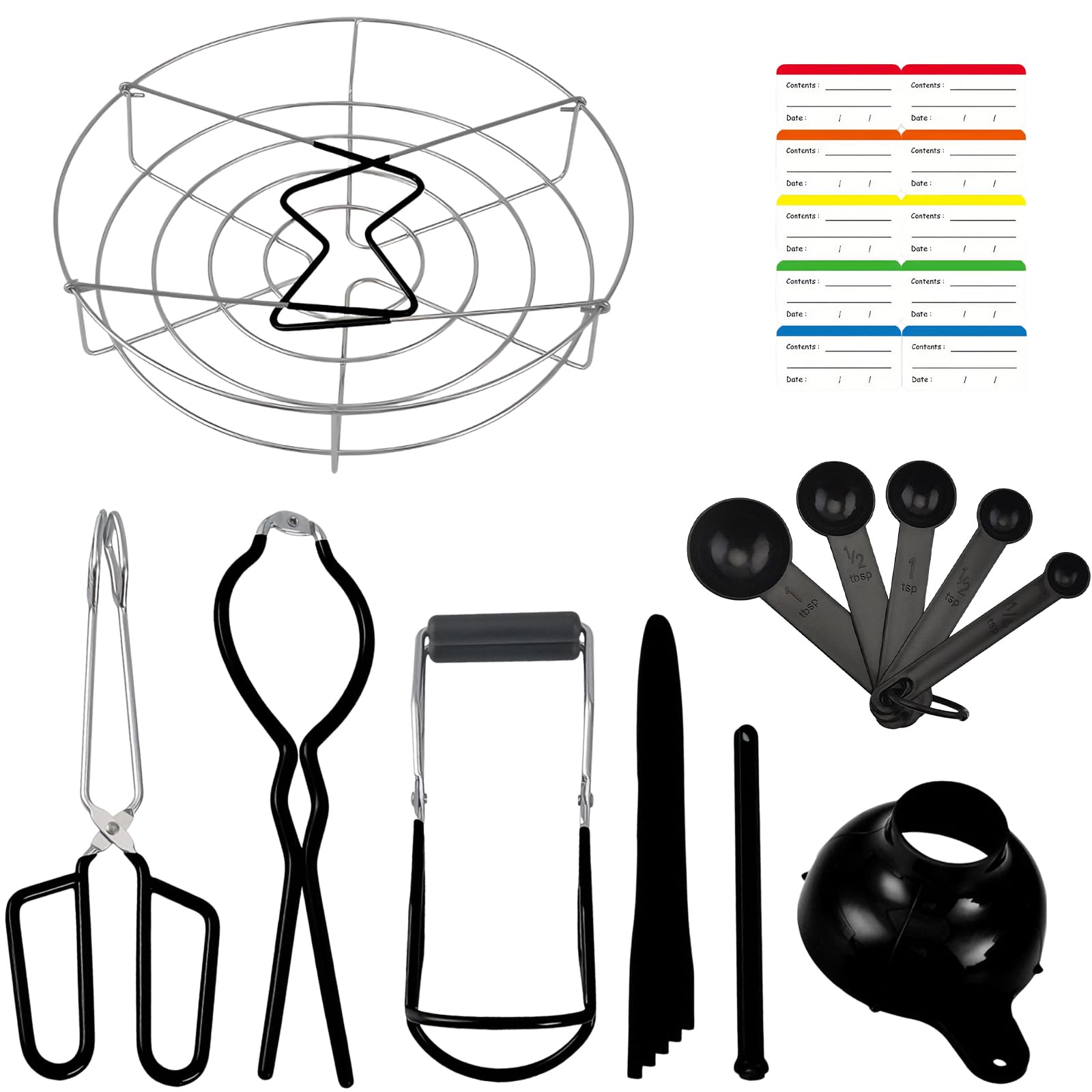 9 PCS Canning Supplies Kit – Stainless Steel Complete Canners for Starter Equipment with Jar Lifter,Wide Mouth Funnel,Wrench,Tongs,Lid Lifter,Bubble Popper,Canning Labels,ladle,Measuring Spoon-Black
