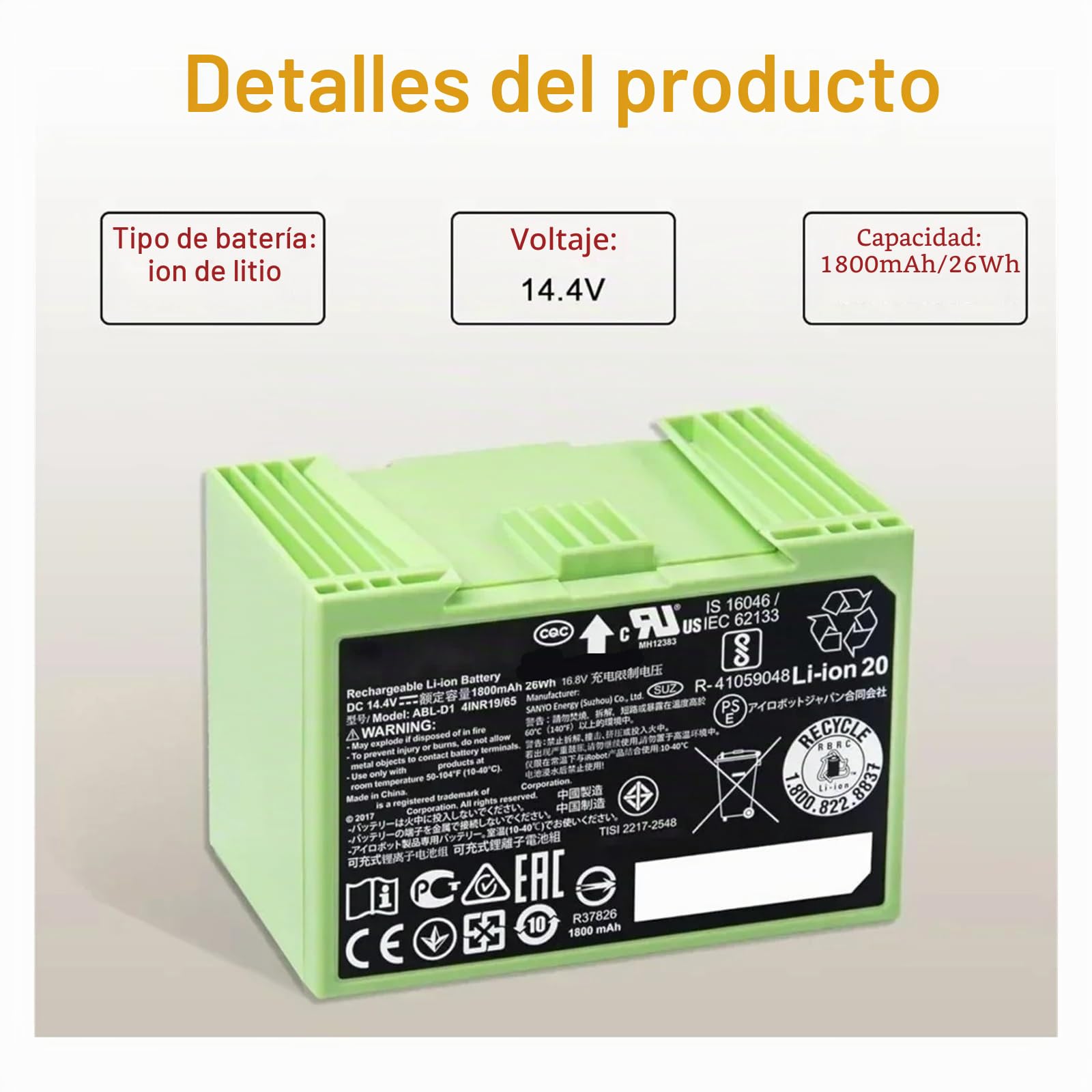 Batería De Repuesto Original De Iones De Litio De 14,4 V Y 5000 MAh, Compatible con IRobot Roomba Serie E E I, Robot Aspirador Y Fregador.(1800mAh)