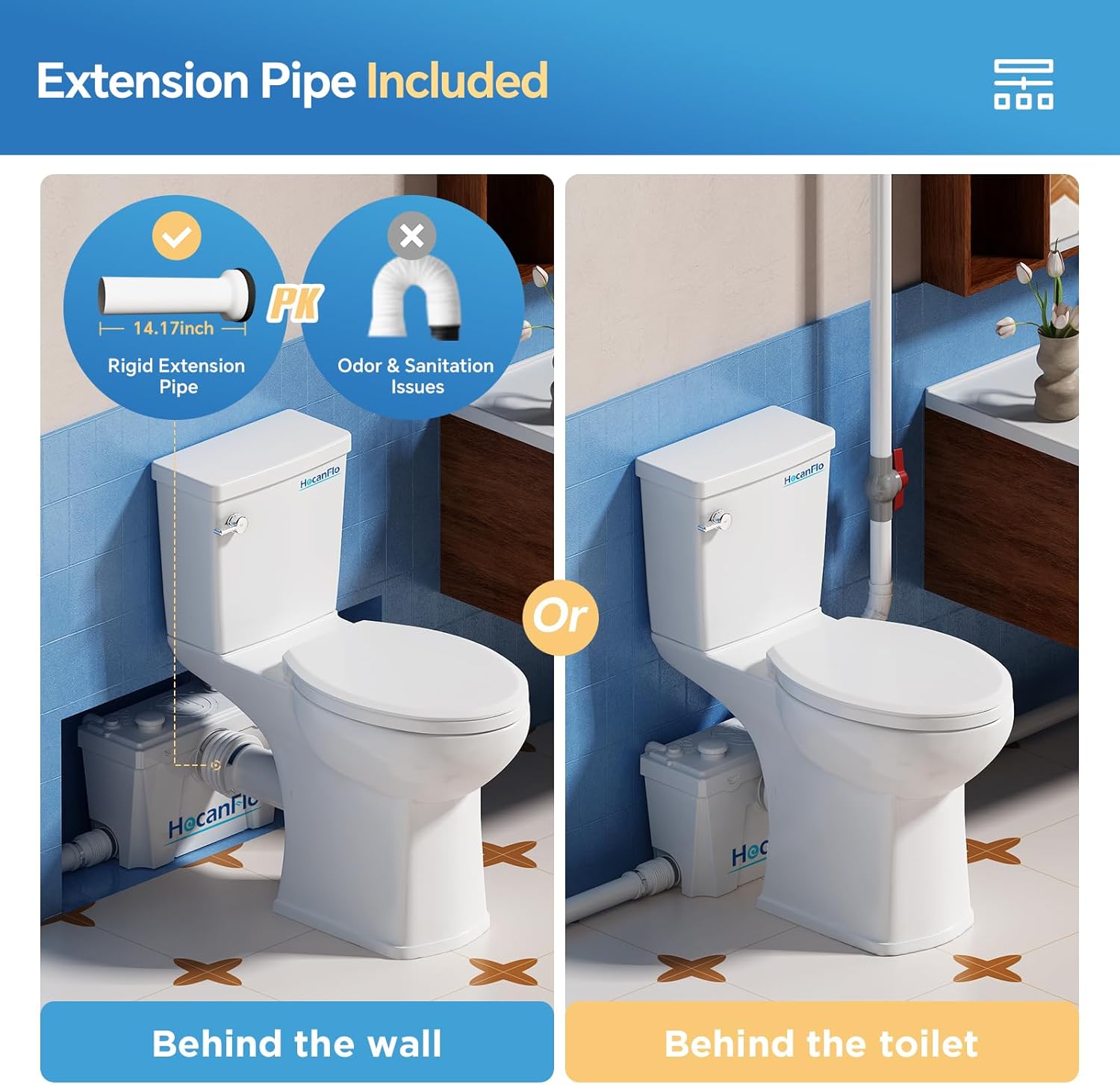 Upflush Macerating Toilet System – 21" ADA Compliant Elongated Toilet with Macerator Pump Durable Copper Grinder with 4 Inlets for Basement Kitchen, Shower, Sink & Laundry, Extension Pipe Included