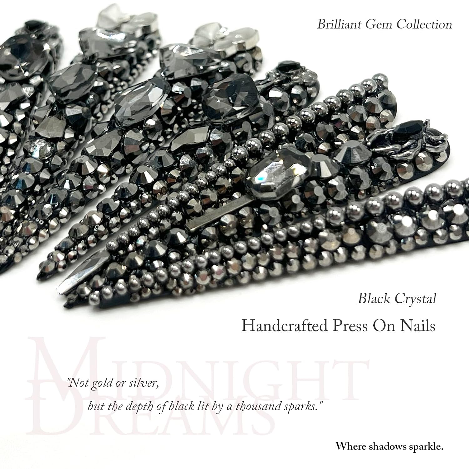 Handcrafted Black Crystal Press On Nails, Reusable Extra Long 70mm Stiletto Artificial Nails, Original Designs Full Rhinestone Decor Hard-Wearing Fake Nails (Small)