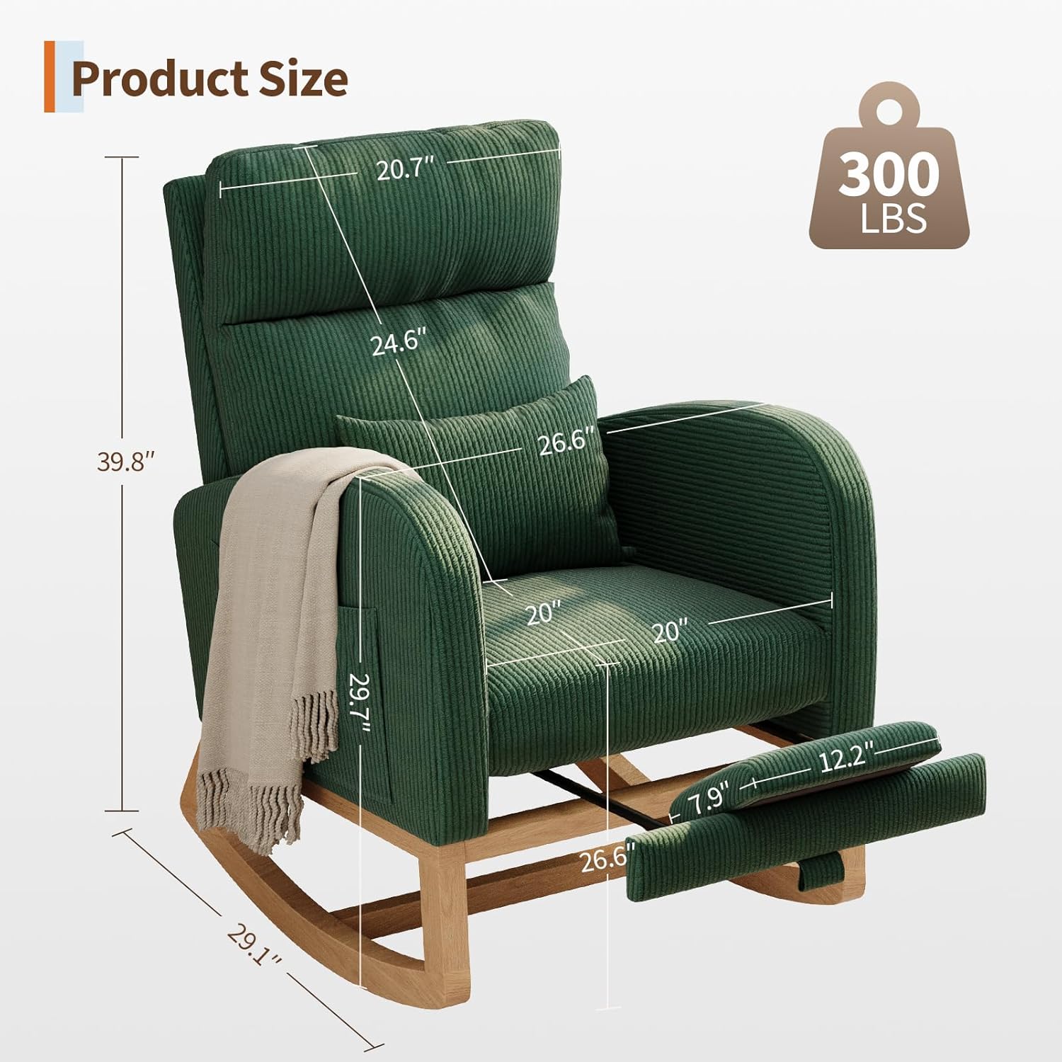 GarveeHome Corduroy Rocking Chair with Footrest, Modern Nursery Glider Chair with Side Pockets and Pillow, Rocker Chair for Living Room Bedroom Nursing Room, Green