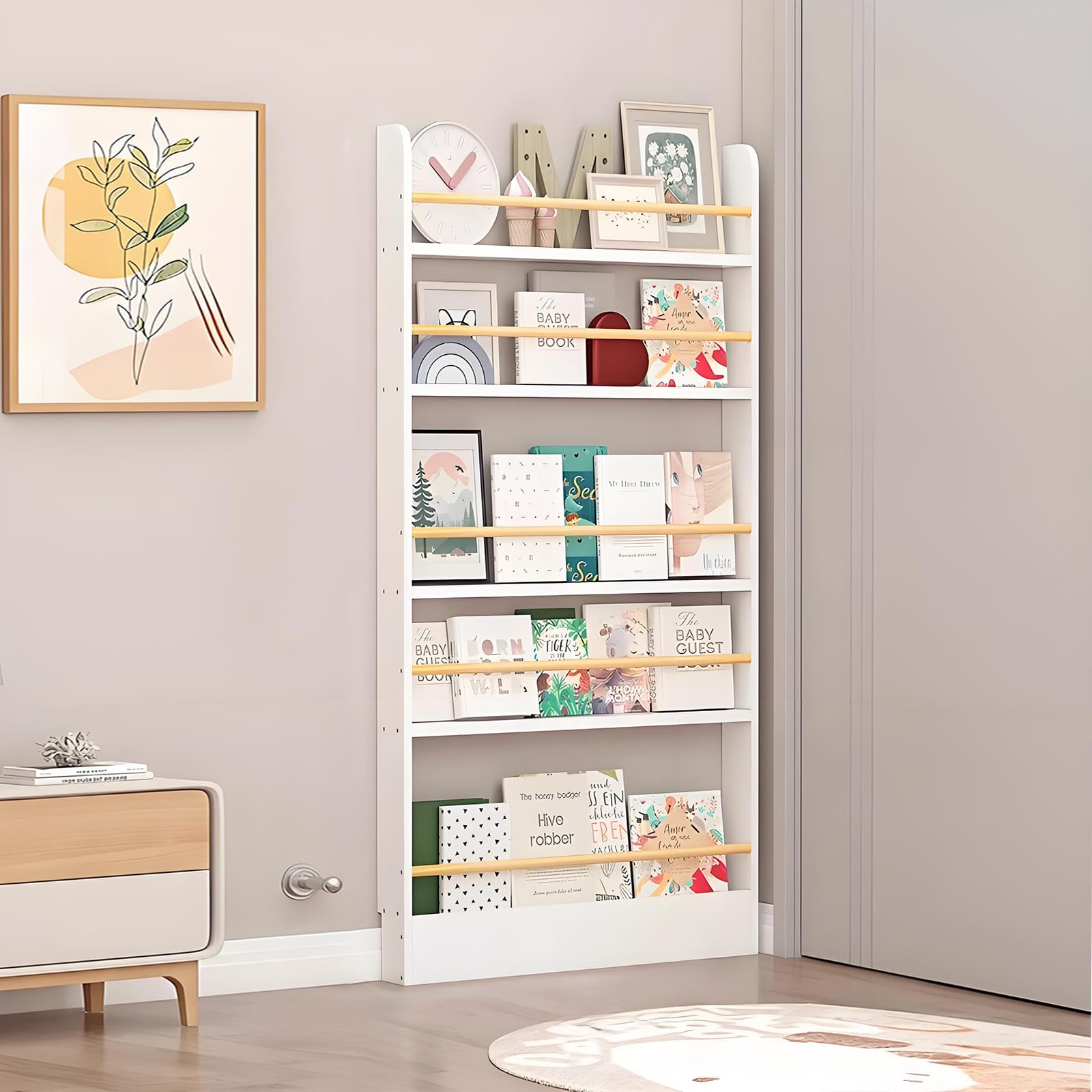 Book Shelf, Behind The Door Bookshelf, Wooden Kids Book Shelf 3/4/5/6 Tier, for Toys and Books, Space-Saving Wall Mount Narrow