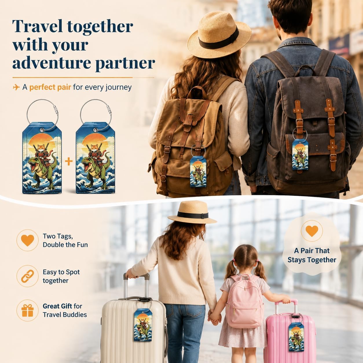 Fun Luggage Tags Cute 2Pcs Leather Cat Riding Dinosaur Durable Metal Ring | Cat Luggage Airtags for Suitcases Travel Necessities for Men Women Travel Bag Tag with Privacy Cover ID Label Address Card