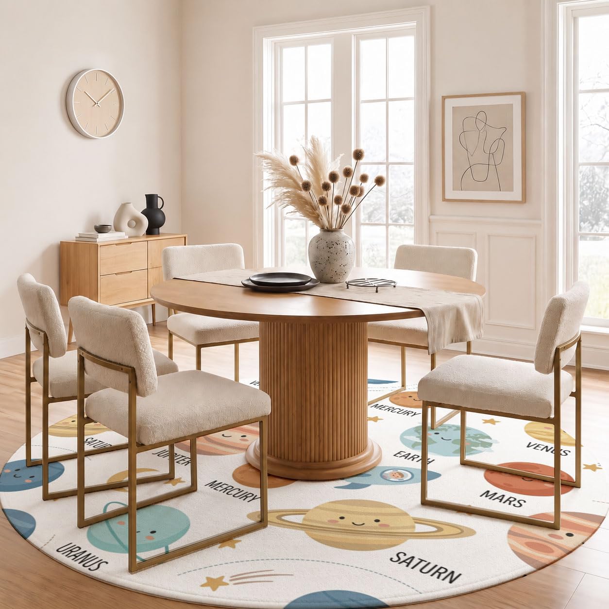 Tapis Rond Lavable Planètes du Système Solaire Fusées 180cm | Tapis Univers De Dessin Animé Mignon Antidérapants Salon Lavable en Machine pour pour Salle à Manger, Entrée, Cuisine, Blanc