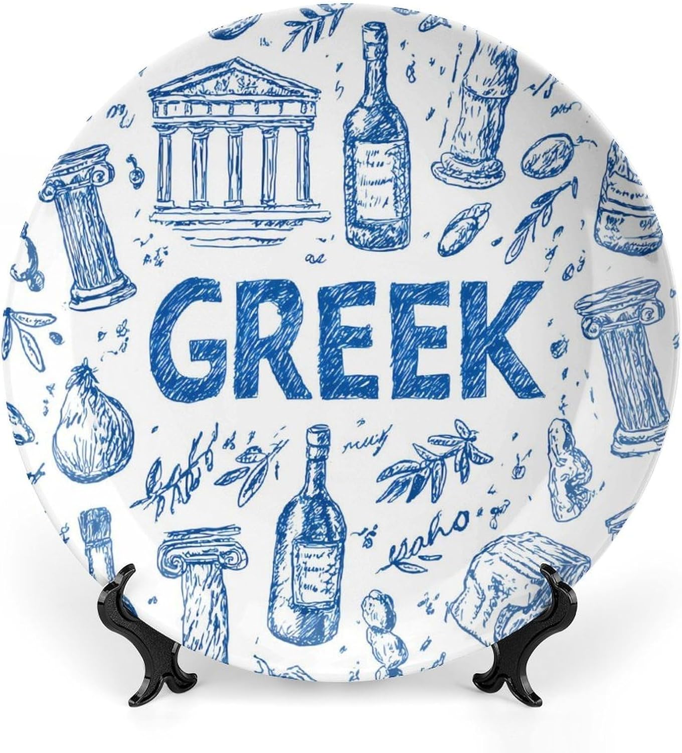 Greek Symbols Olive Wine Bottle Decorative Plates for Display Ceramic Plate Tray with Stand Hanger Home Decor