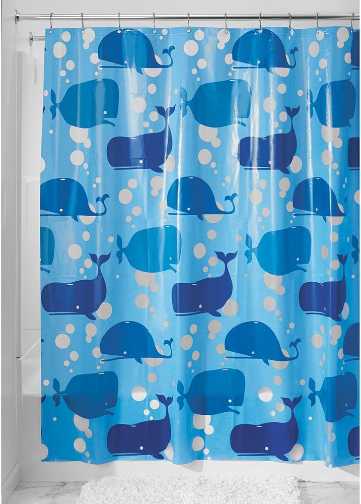 iDesign Moby Plastic Whale Shower Curtain, PVC-Free Waterproof Liner with Whales for Kids', Guest, College Dorm, Master Bathroom, 72" x 72" - Blue