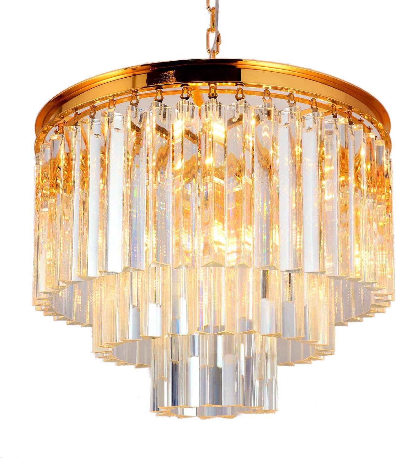 SUNWE Athrun 9 Light 3 Tier Clear Crystal Fringe Chandelier Light Fixture in Polished Brass Finish