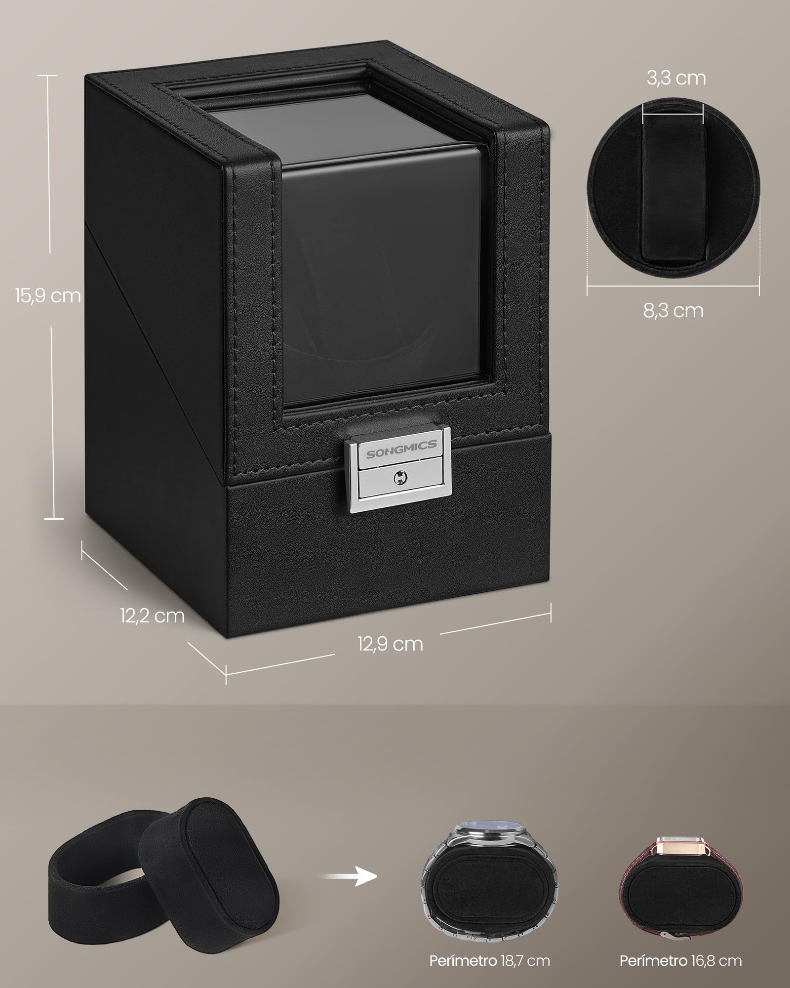SONGMICS Zegarek, pudełko na zegarki, silnik premium, ze światłem LED, regulowana poduszka na zegarek, zamek, 4 tryby rotacji, kabel do ładowania USB C
