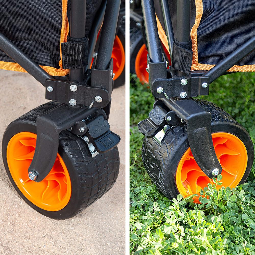 Aktive Carro Transporte Plegable, Playa, Jardín, Camping, hasta 100 kg, Ruedas robustas y giratorias 360 Grados con Frenos, Mango multiángulo, con Bolsillo, con Funda, Portasillas, Negro y Naranja