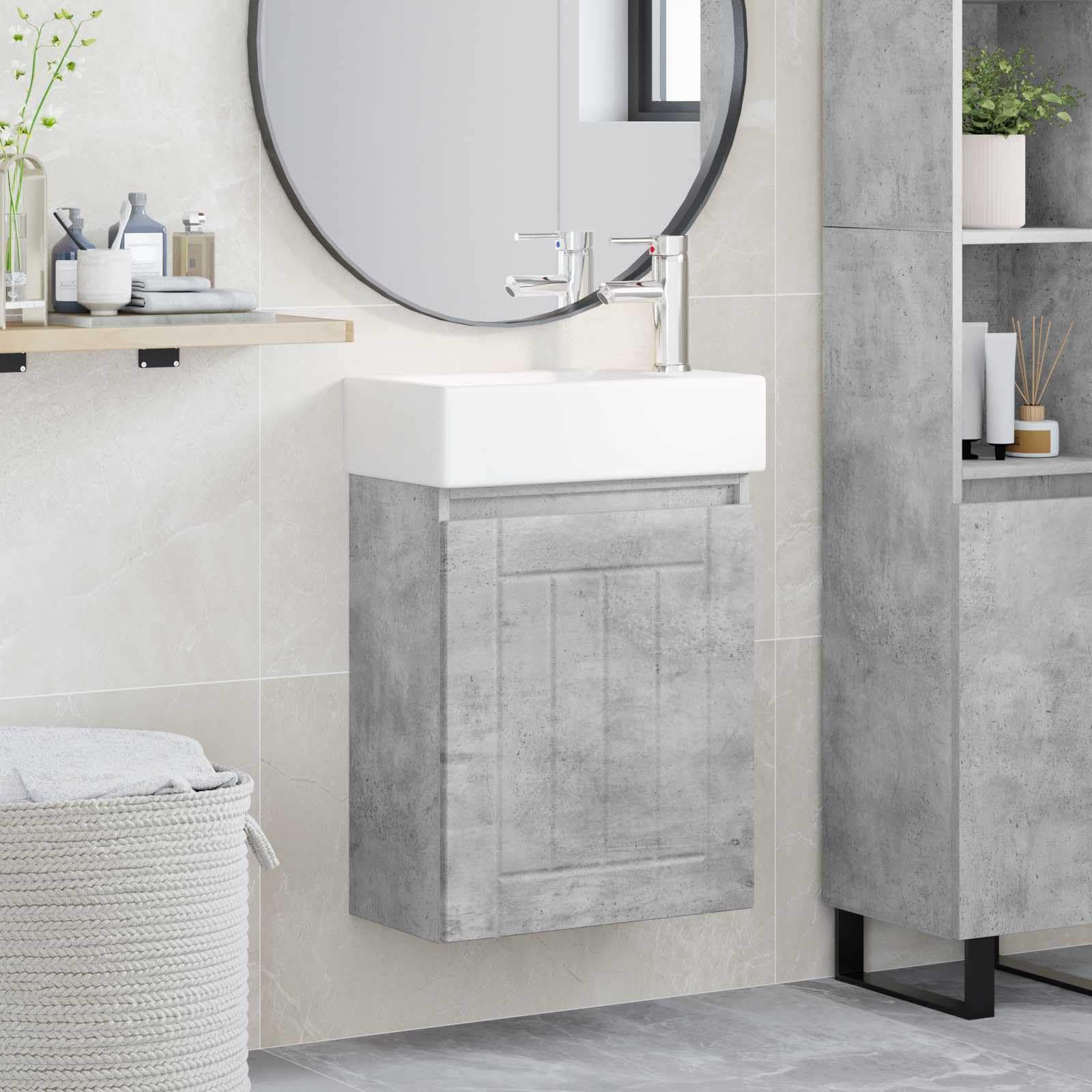 Szafka pod umywalkę, betonowa szara z ceramiczną umywalką, srebrna armatura, odpływ push, odwracalne drzwi, montaż na ścianie, schowek, nowoczesny mebel łazienkowy dla gości WC i remont