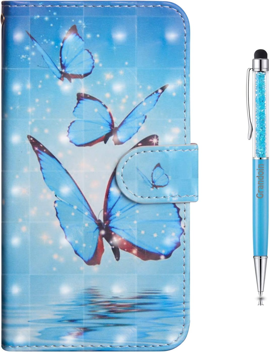 Grandoin Case for Samsung Galaxy J2 Core 2020, 3D Premium PU Leather Unique Design Magnetic Flip Cover with Card Slots Holders [Soft Silicone Inner] Bookstyle Wallet Case (Blue Butterfly)