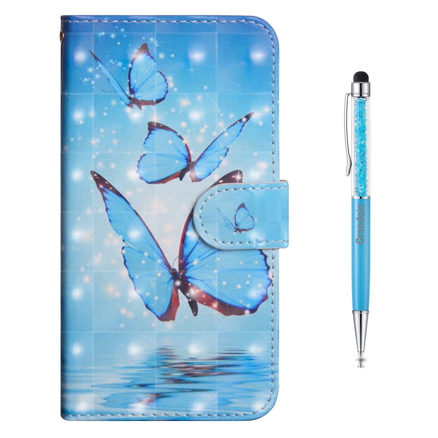 Grandoin Case for Samsung Galaxy J2 Core 2020, 3D Premium PU Leather Unique Design Magnetic Flip Cover with Card Slots Holders [Soft Silicone Inner] Bookstyle Wallet Case (Blue Butterfly)