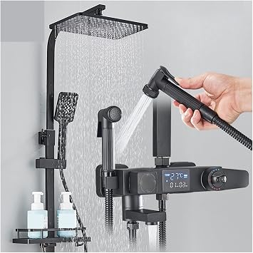 Touch Control Shower, Black Smart Thermostat Shower Faucet Set Bathroom Intelligent Rainfall Digital Mixer Tap Rack and Bidet Bath System Chrome Hot Cold B