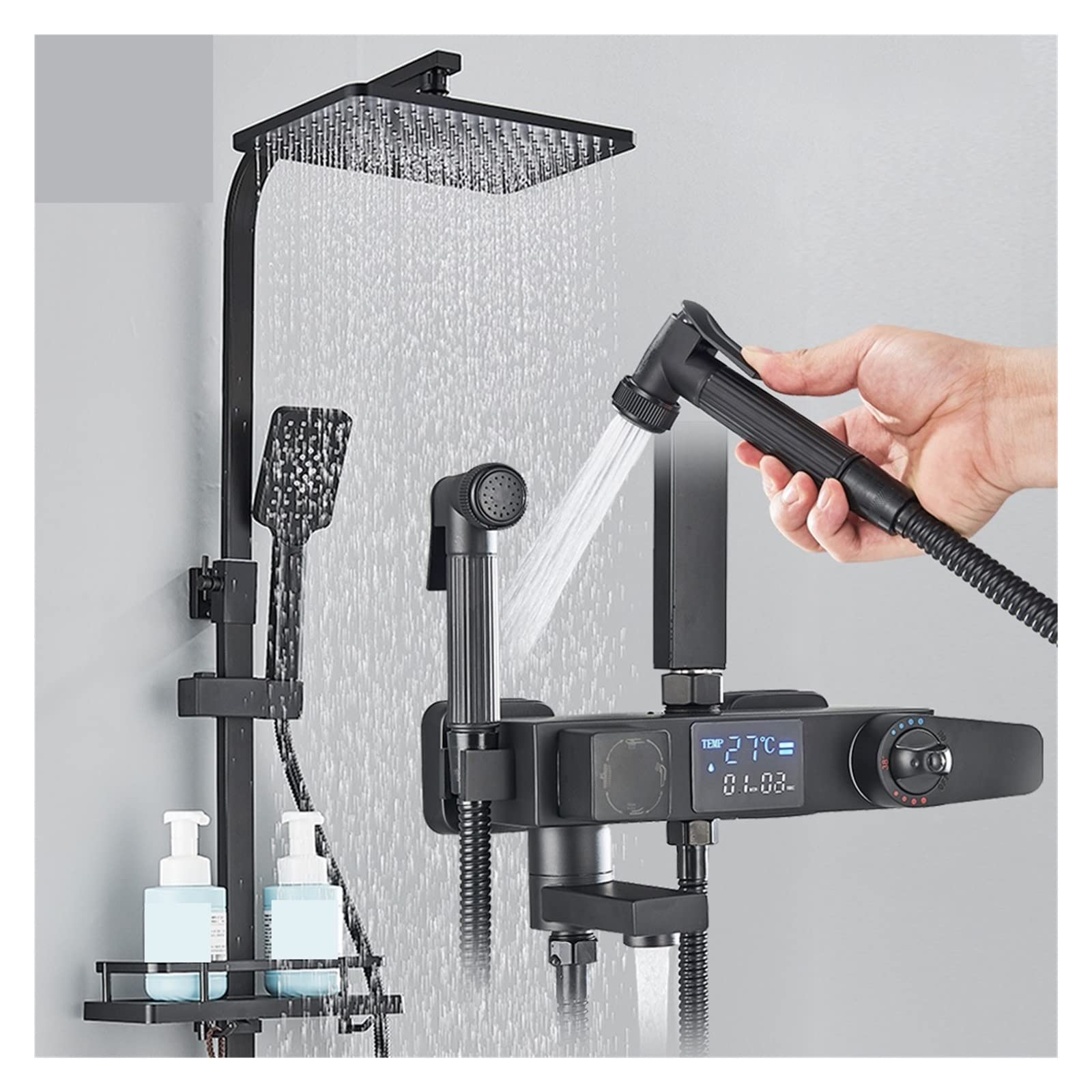 WXPGFEQ Shower Black Smart Thermostatic Shower Faucet Set Bathroom Intelligent Rainfall Digital Mixer Tap with Rack and Bidet Bath,Sprinkler