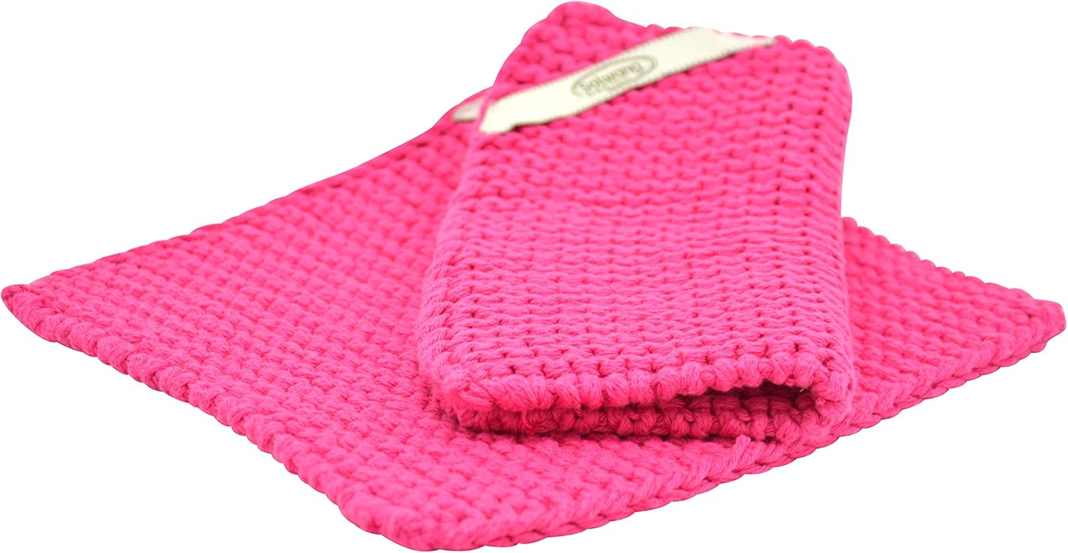 Danish Knitted Pot Holders Made with Thick 100% Eco-Tex Certified Cotton - Made in India (Pair Bright Pink)