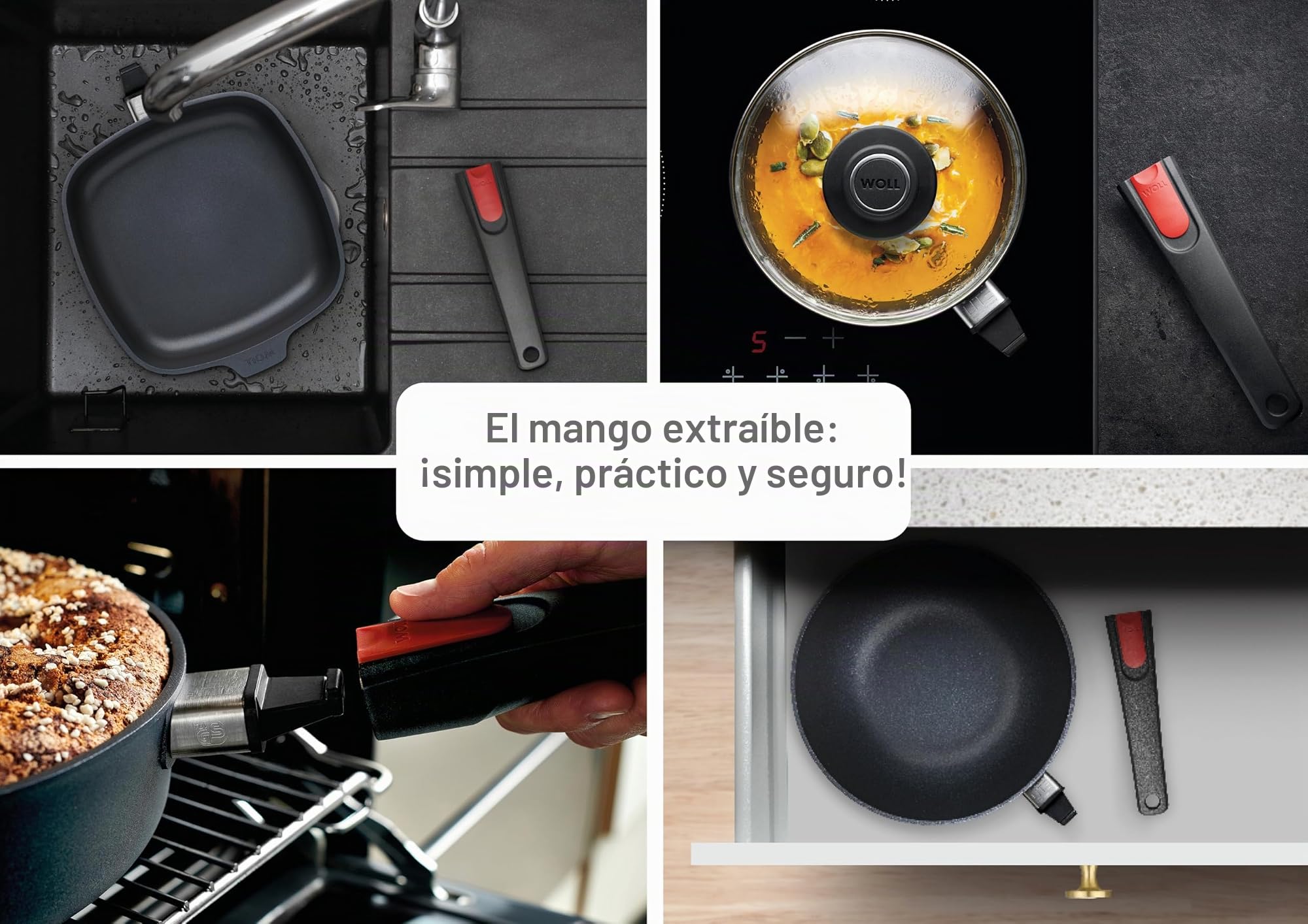 Woll Sartén plana Diamond Lite para inducción, 28 cm de diámetro, 5 cm de alto, con asa extraíble, apta para todo tipo de cocinas, sartén de aluminio fundido, apta para horno, antracita