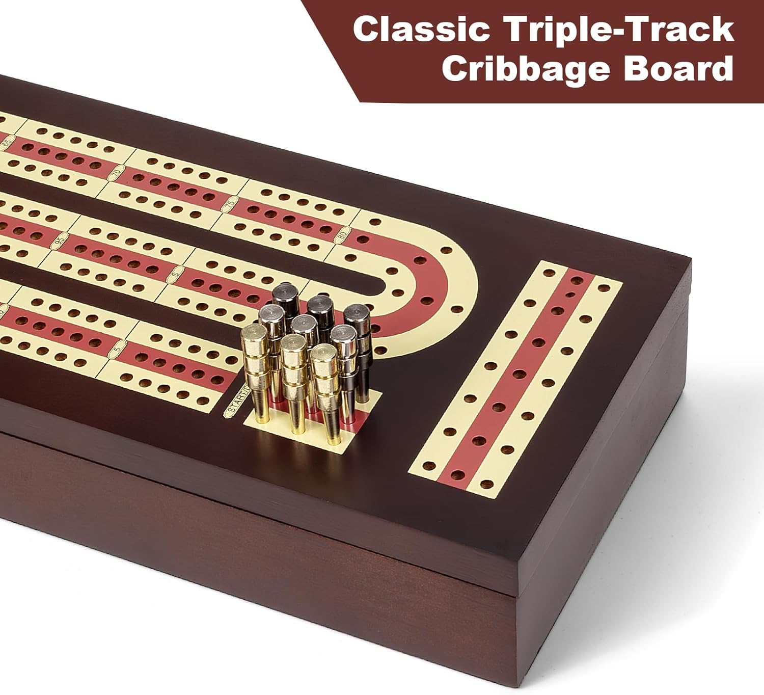 ESENHARBER Cribbage Board Game Set, Premium Wooden Board with Magnetic Lock and Metal Pegs, 2 Playing Cards, and Large Storage - Travel-Friendly Continuous 3 Track Board